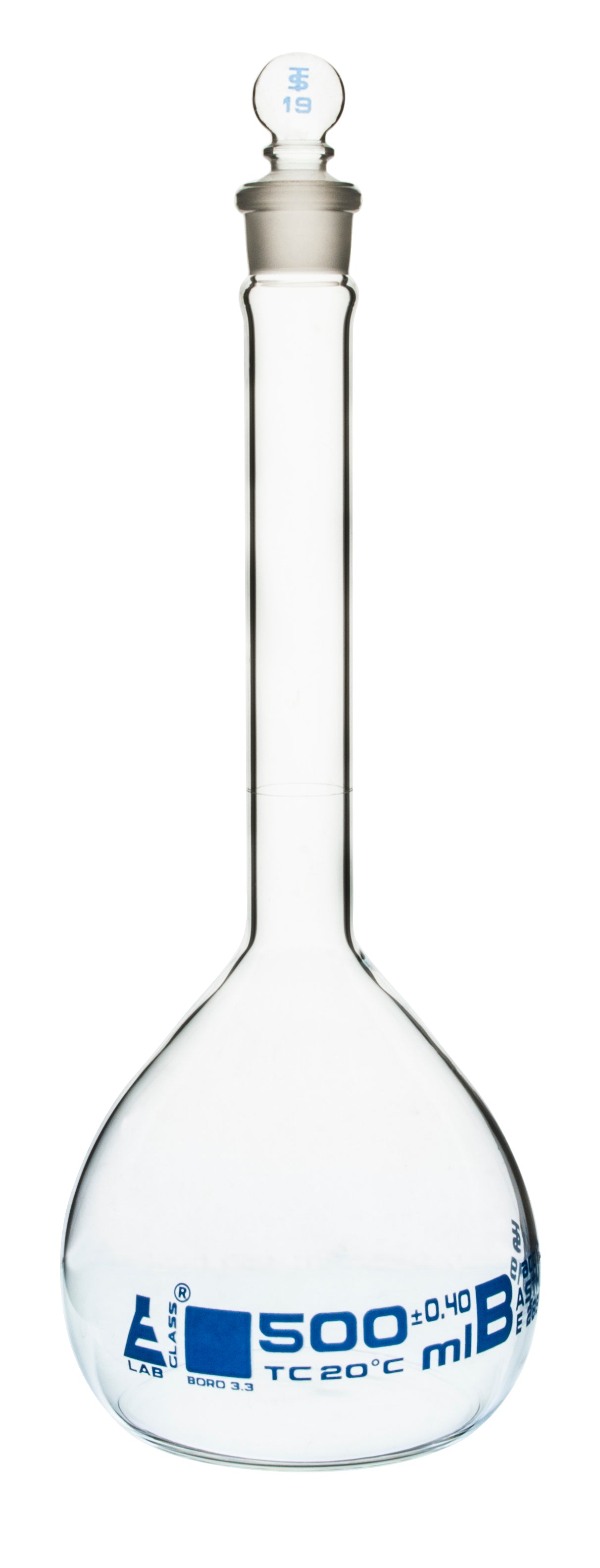 ASTM Class B Borosilicate Glass Volumetric Flask with Glass Stopper, Blue Graduations