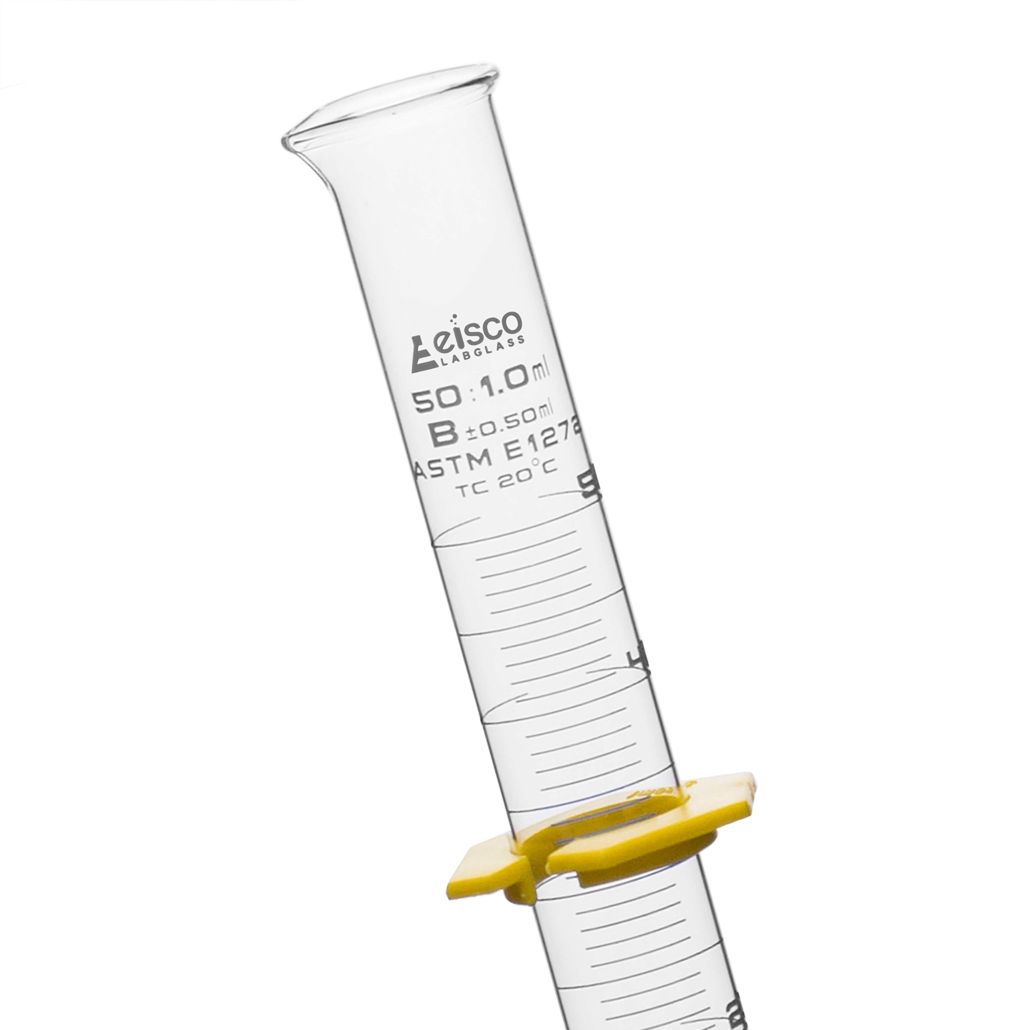 Class B Graduated Cylinder with Spout and Hexagonal Base, 50mL, White Graduations, Borosilicate Glass