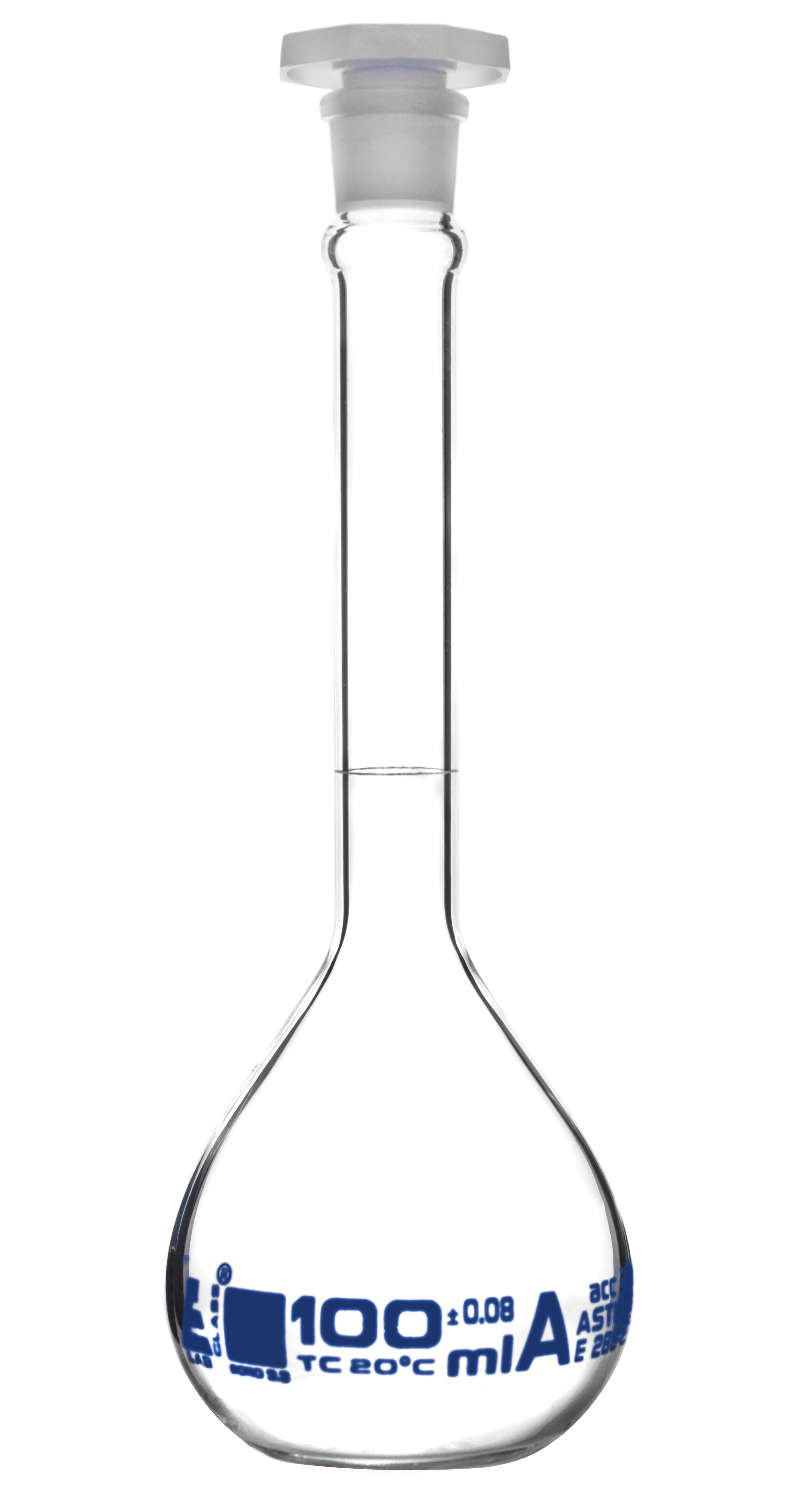 Class A Borosilicate Glass Volumetric Flask with Polypropylene Stopper, White Graduations