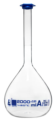 ASTM Class A Volumetric Flask with Blue Snap Cap, 2000mL, White Graduations and Blue Specifications, Borosilicate 3.3 Glass