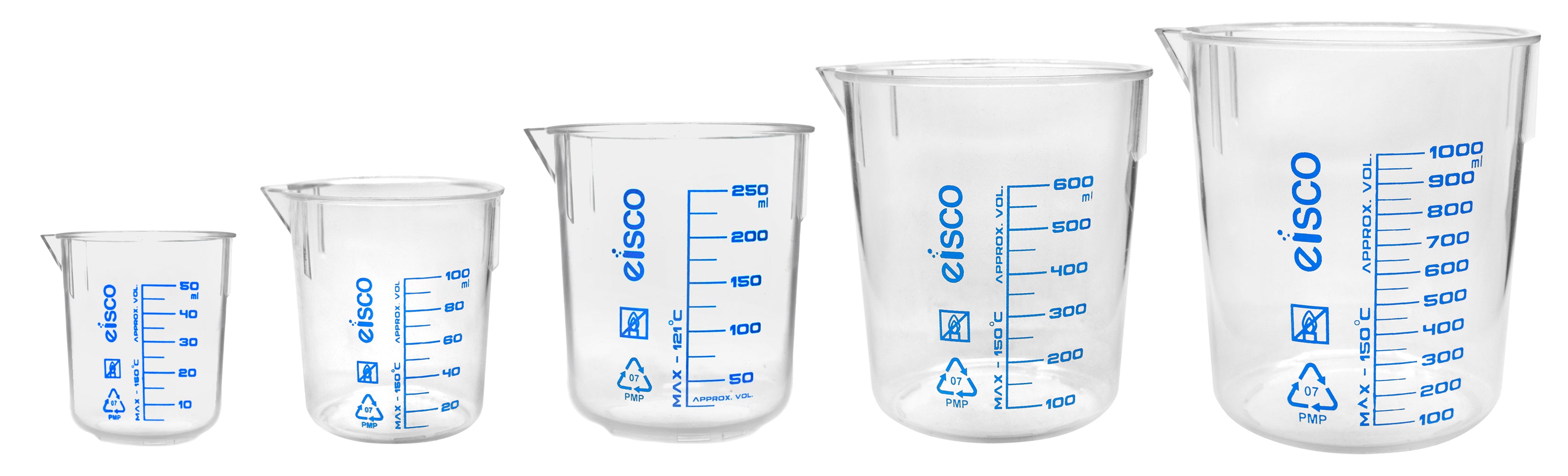 5-Piece TPX PMP Beaker Set with Spout and Screen-Printed Graduations, 50/100/250/600/1000mL