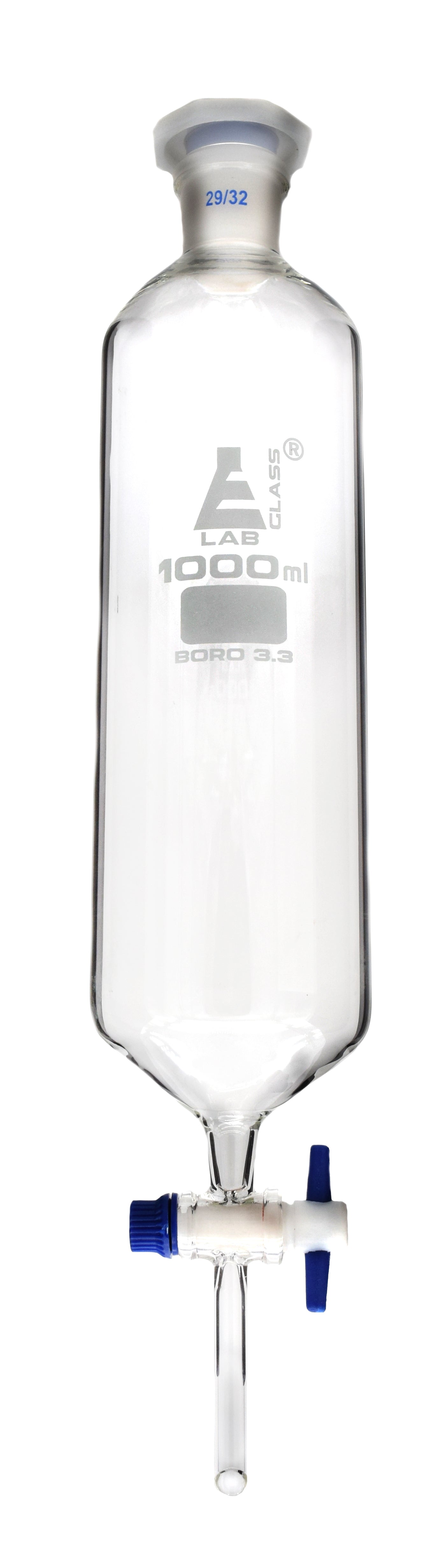 Cylindrical Dropping Funnel with PTFE Stopcock and 29/32 Plastic Stopper, 1000mL, Borosilicate Glass