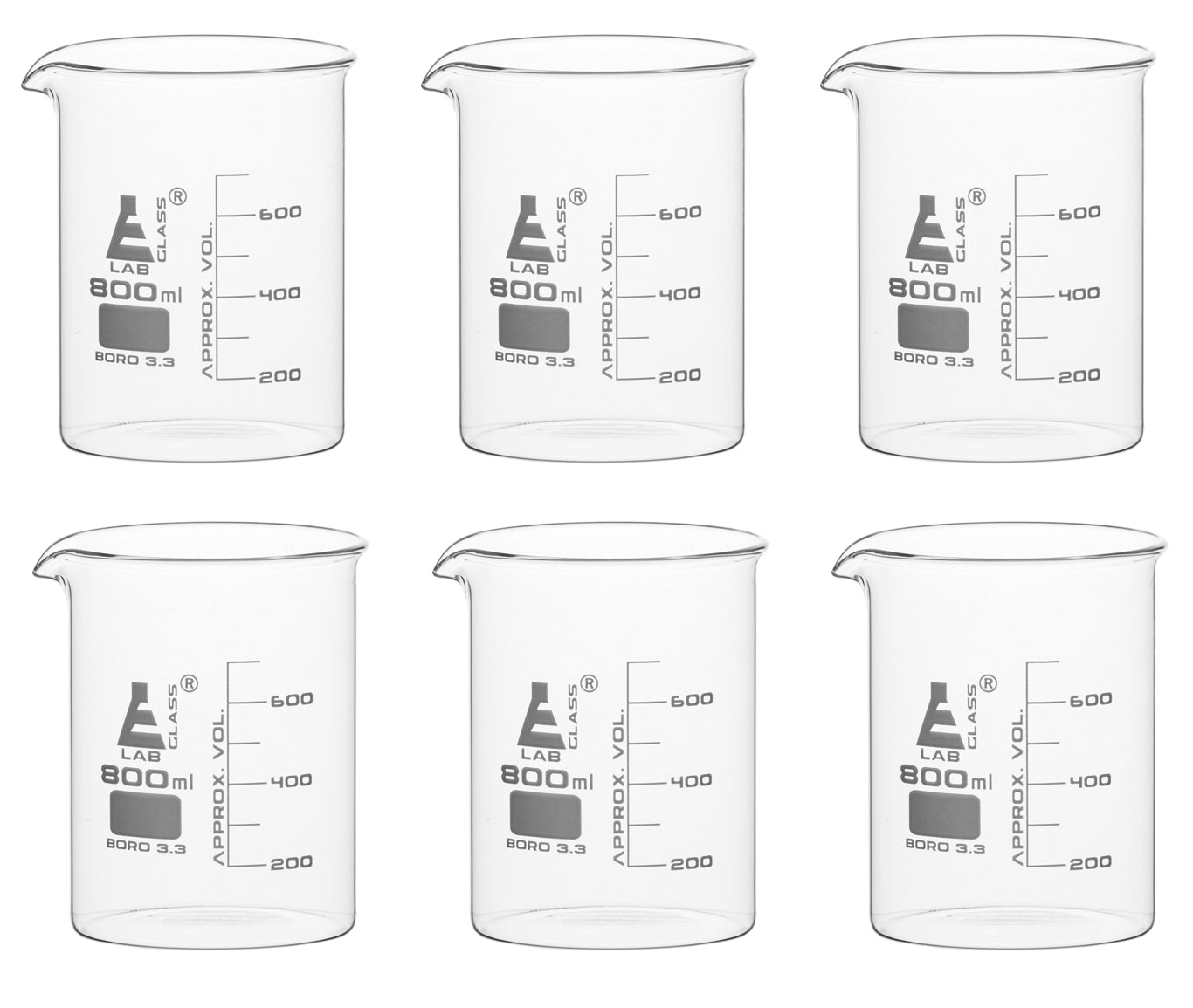 Low Form Borosilicate Glass Beaker with Spout, 6-Pack