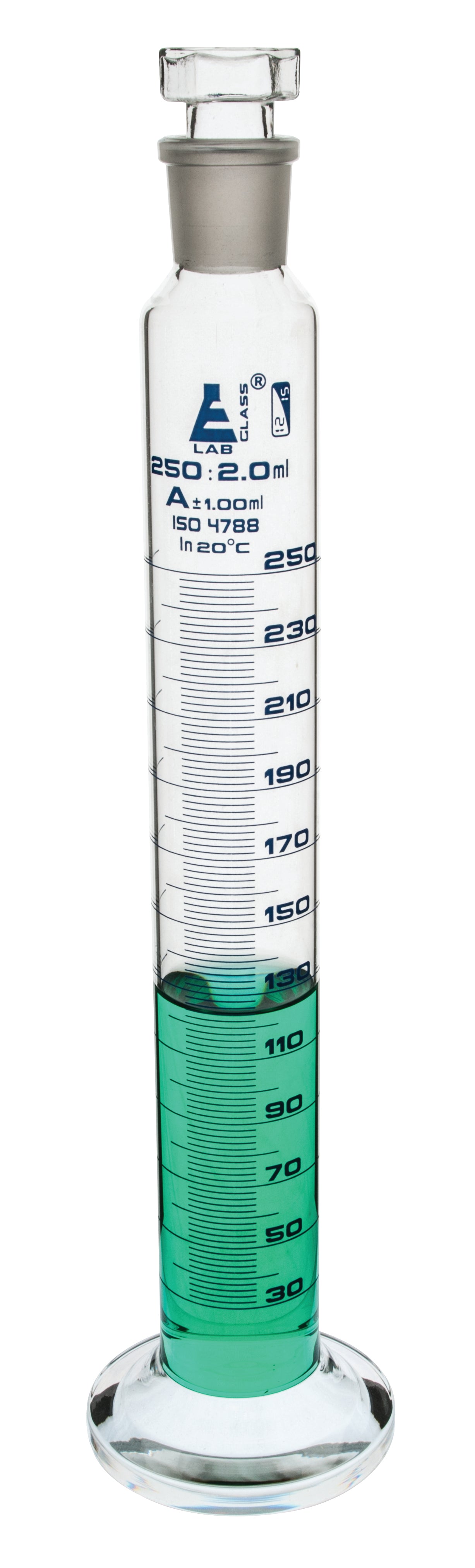 Class A Graduated Cylinder with Polypropylene Stopper and Round Base, 250mL, 24/29, Blue Graduations, Borosilicate Glass