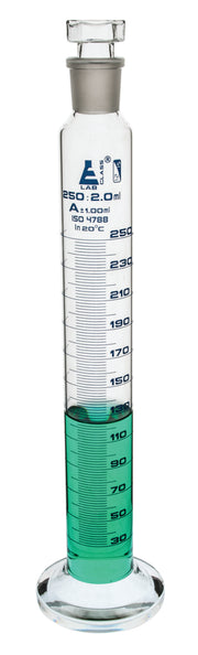 Class A Graduated Cylinder with Polypropylene Stopper and Round Base, 250mL, 24/29, Blue Graduations, Borosilicate Glass
