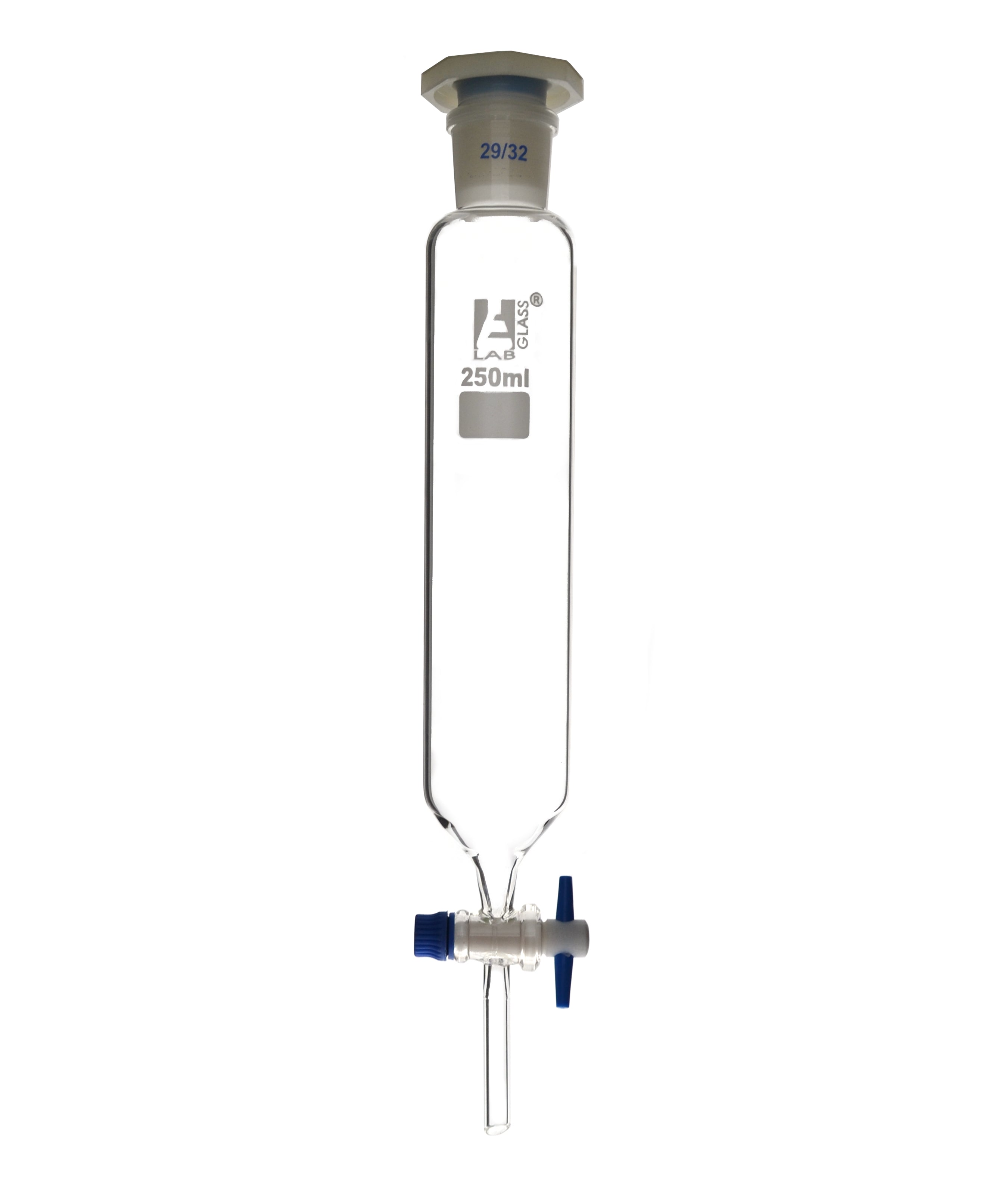 Cylindrical Dropping Funnel with PTFE Stopcock and 29/32 Plastic Stopper, 250mL, Borosilicate Glass