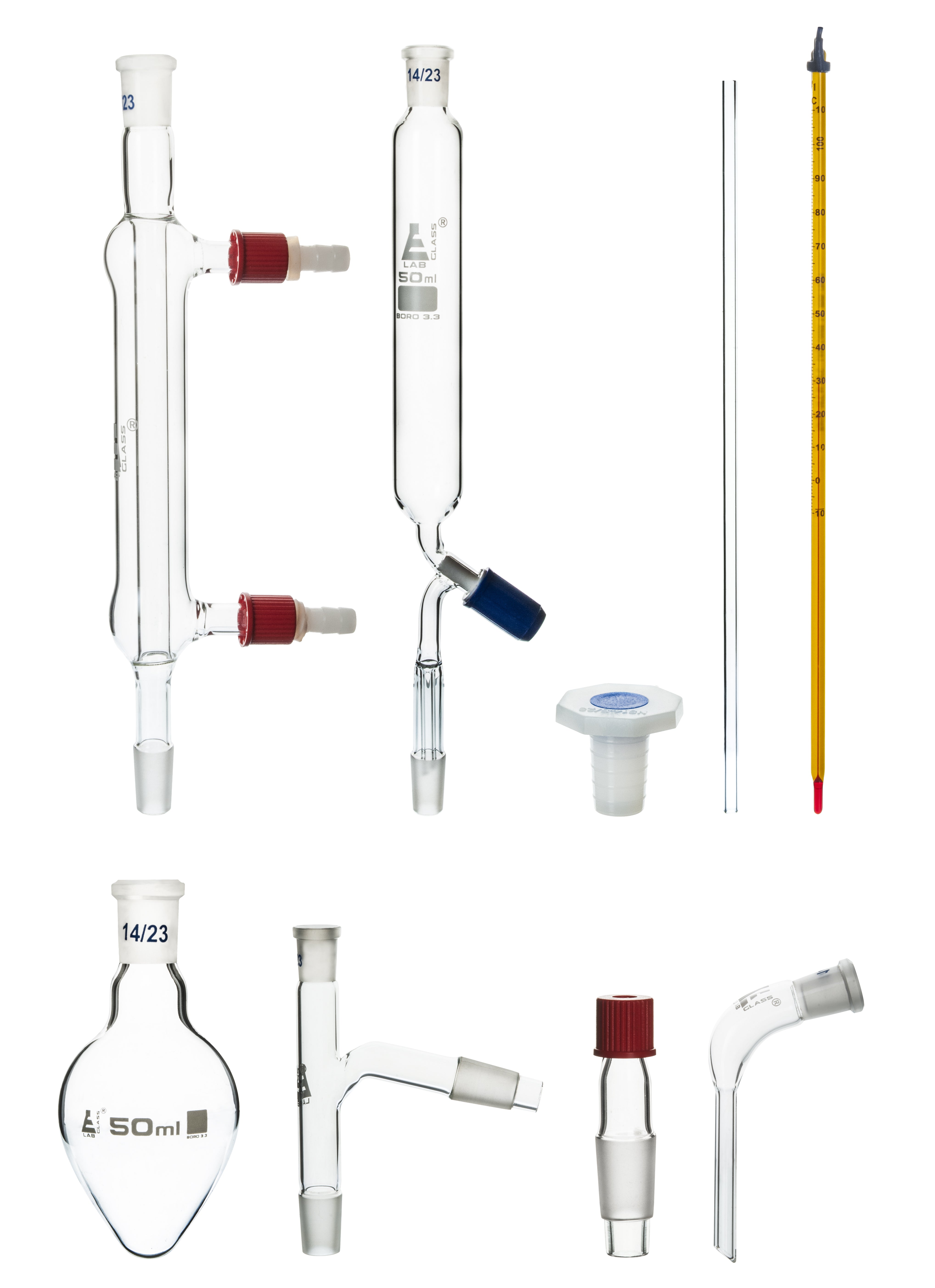 9-Piece Organic Chemistry Glassware Kit 27BU/M, 14/23 Joint, Borosilicate Glass