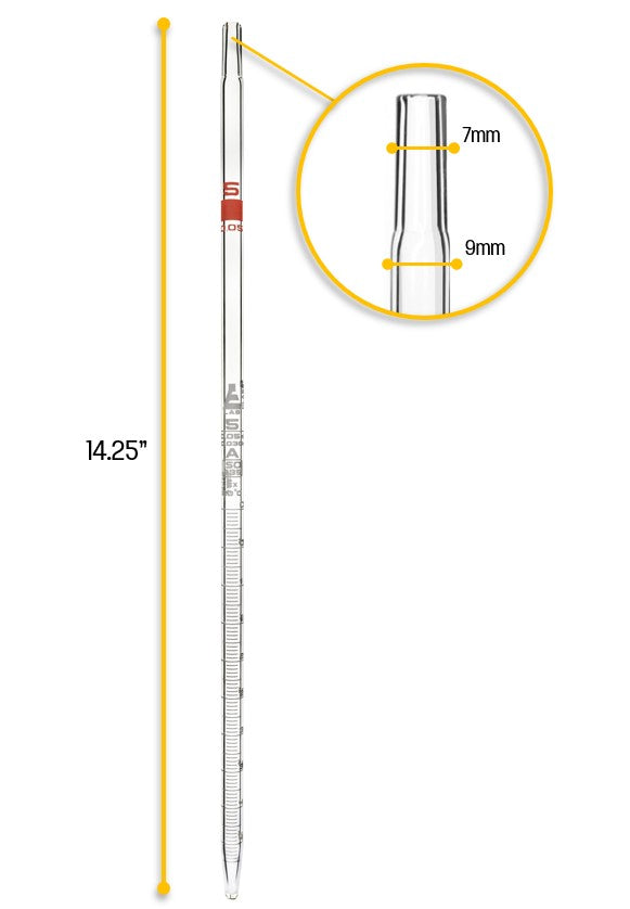 Class A Serological Pipette, 5mL, White Graduations, Borosilicate Glass