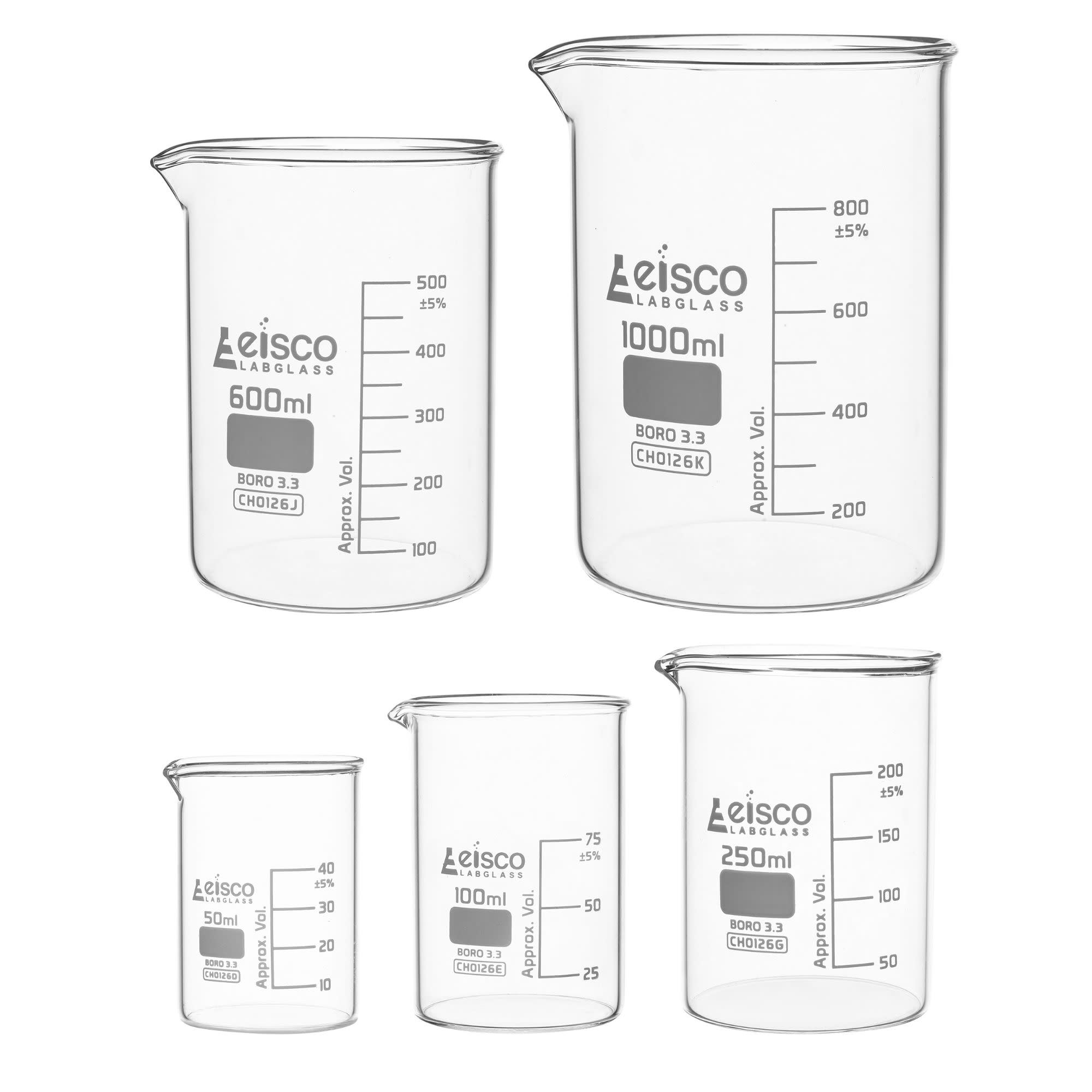 5-Piece Low Form Premium Beaker Set, 50/100/250/600/1000mL, White Graduations, Borosilicate Glass