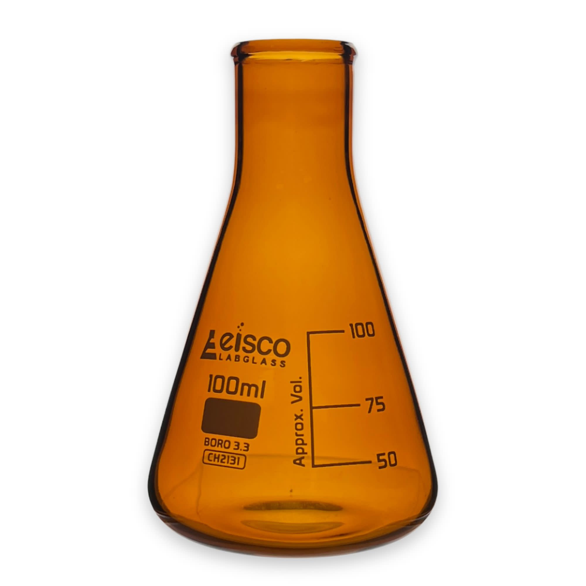 Amber Narrow Neck Erlenmeyer Flask with Graduated Markings at 50/75/100mL, 100mL, Borosilicate Glass