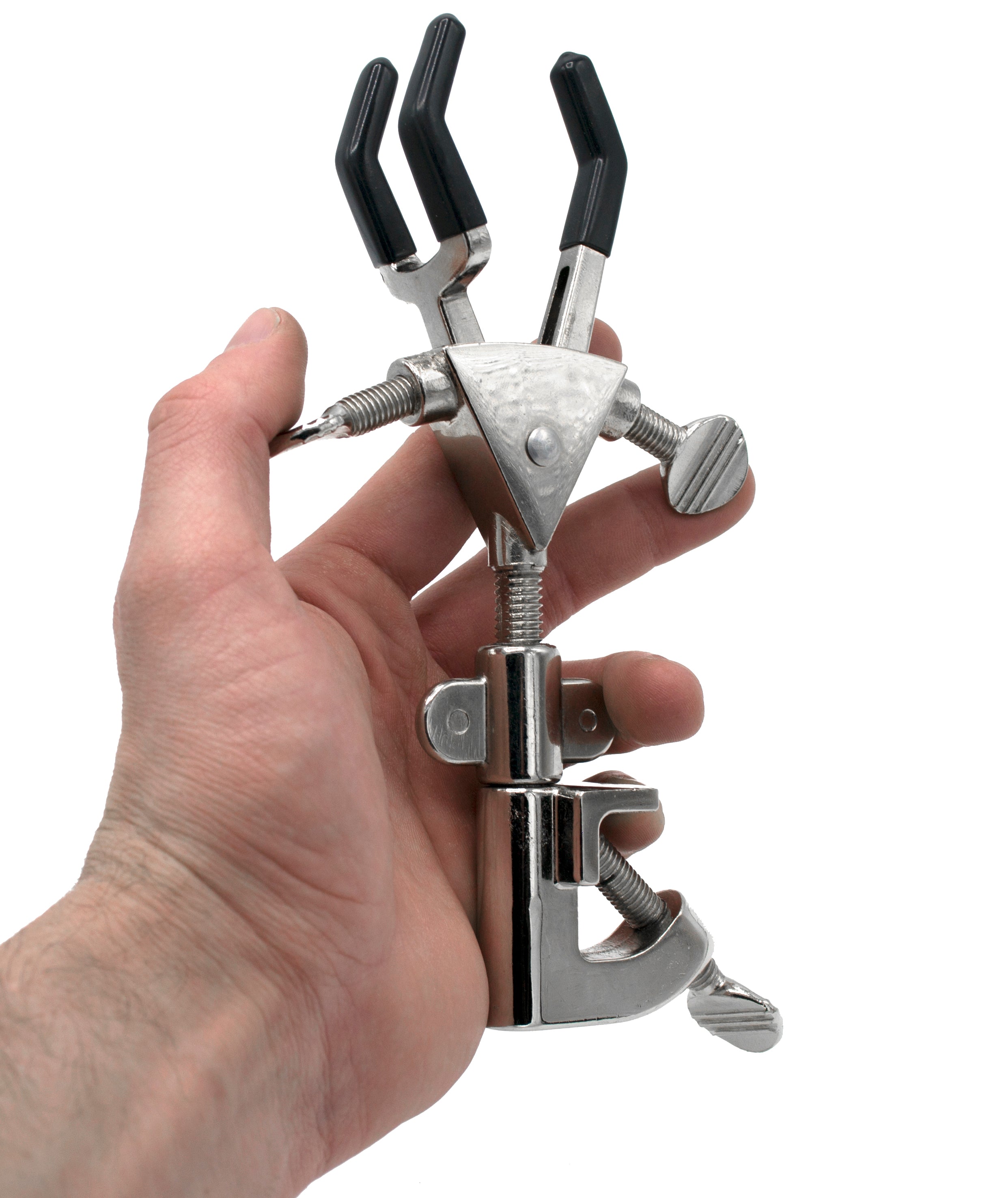 3-Prong Double-Adjustable Universal Clamp with Vinyl Grip and Swivel Boss, 21mm Rod