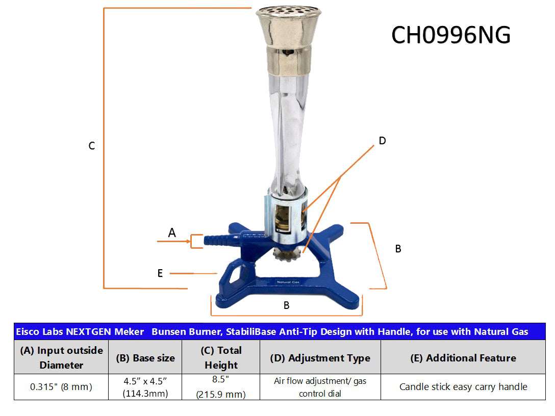 Meker Natural Gas Bunsen Burner with Cast Iron StabiliBase and Gas Flow Control
