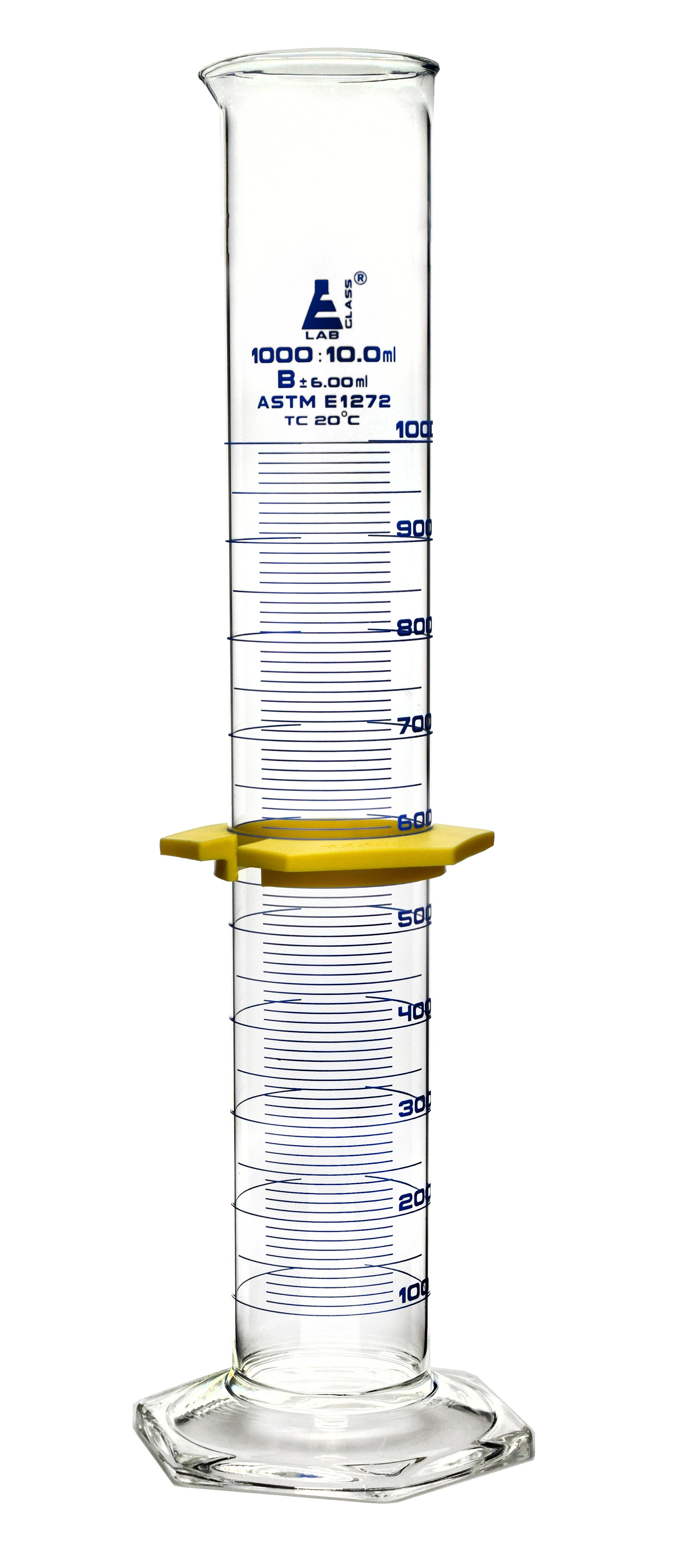 Class B Borosilicate Glass Graduated Cylinder with Protective Collar, Blue Graduations