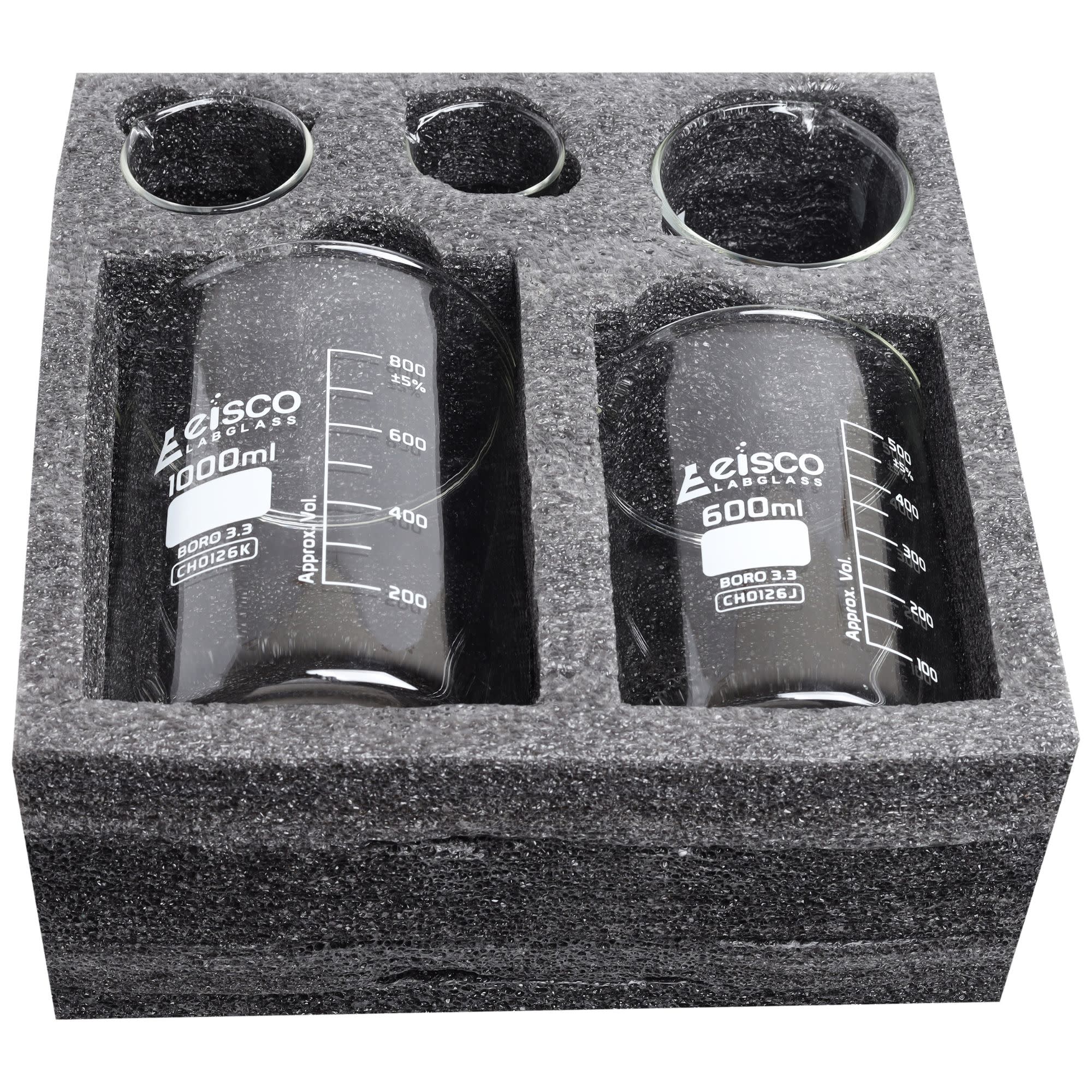5-Piece Low Form Premium Beaker Set, 50/100/250/600/1000mL, White Graduations, Borosilicate Glass