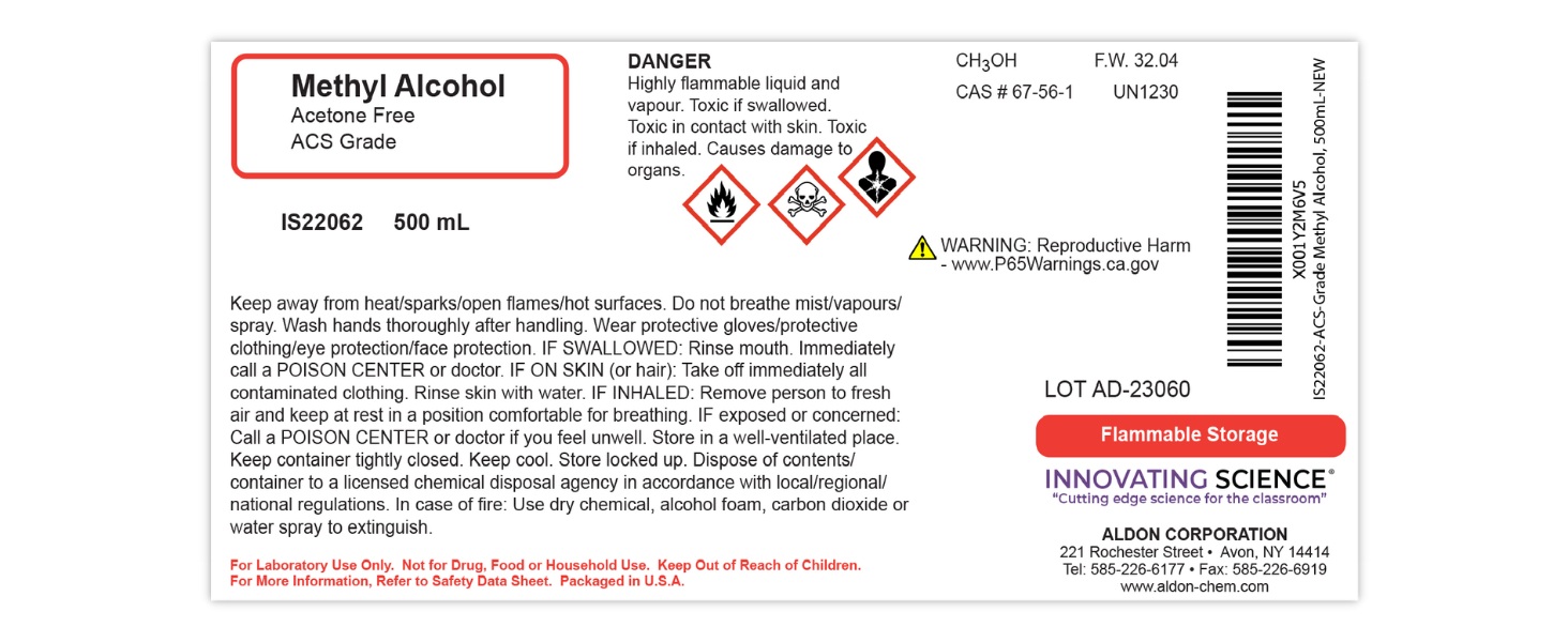 Methyl Alcohol, 500mL, ACS Grade