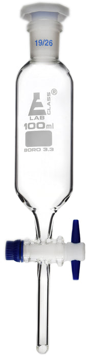 Cylindrical Dropping Funnel with PTFE Stopcock and 19/26 Plastic Stopper, 100mL, Borosilicate Glass