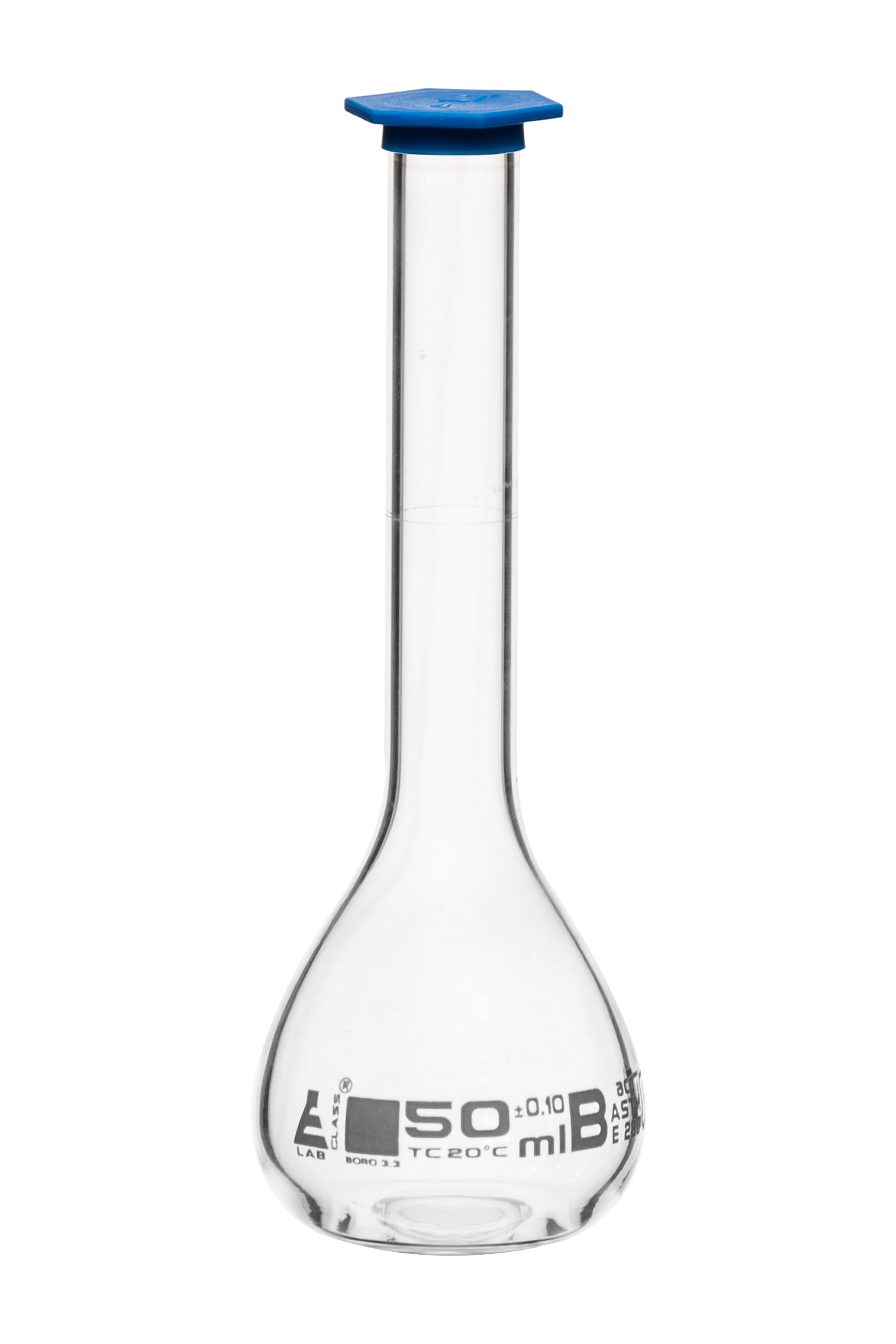 ASTM Class B Borosilicate Glass Volumetric Flask with Snap Cap, White Graduations