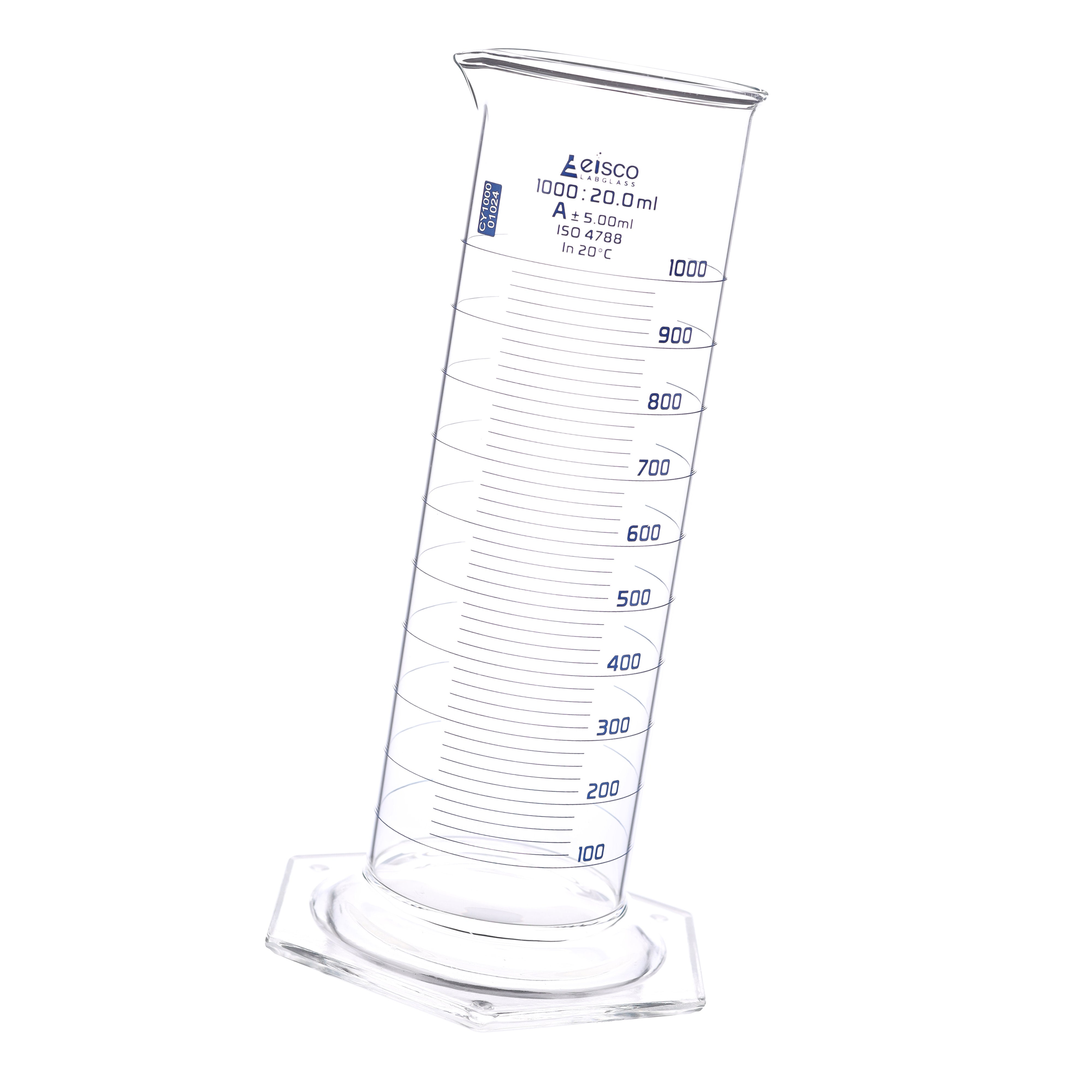 Class A Squat Form Graduated Cylinder, 1000mL, ISO 4788 Certified, Borosilicate Glass