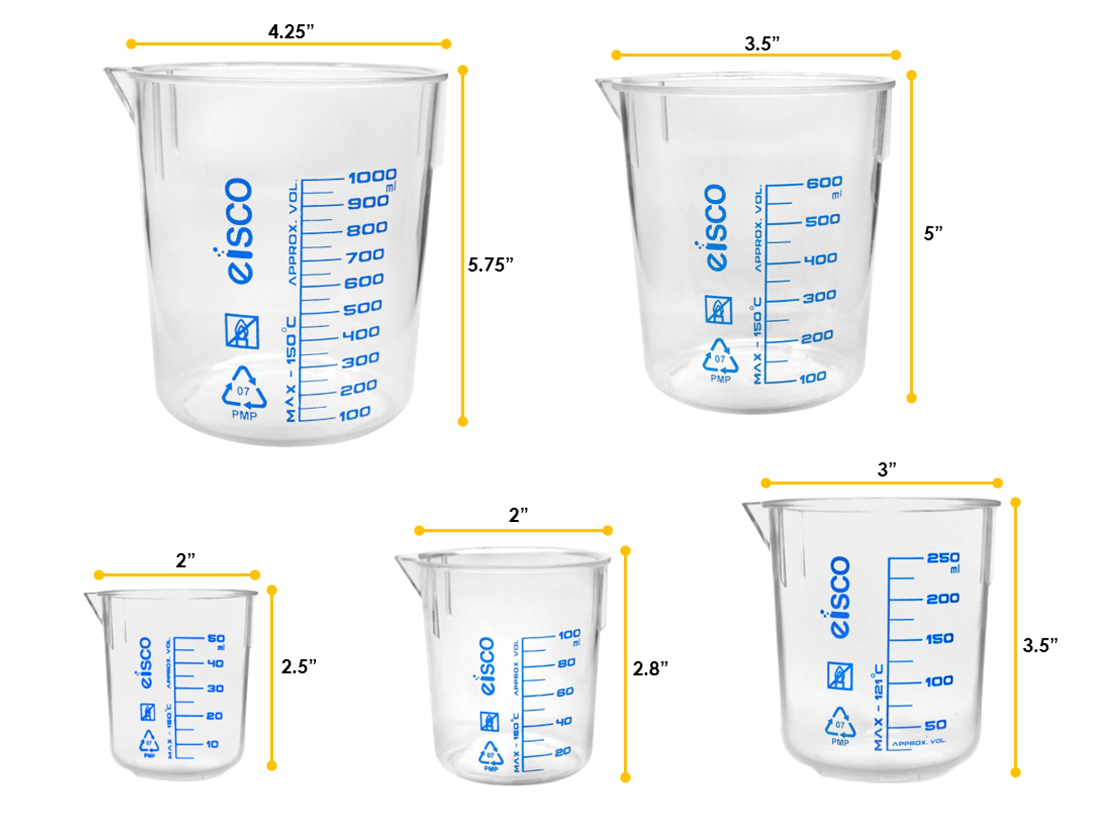 5-Piece TPX PMP Beaker Set with Spout and Screen-Printed Graduations, 50/100/250/600/1000mL