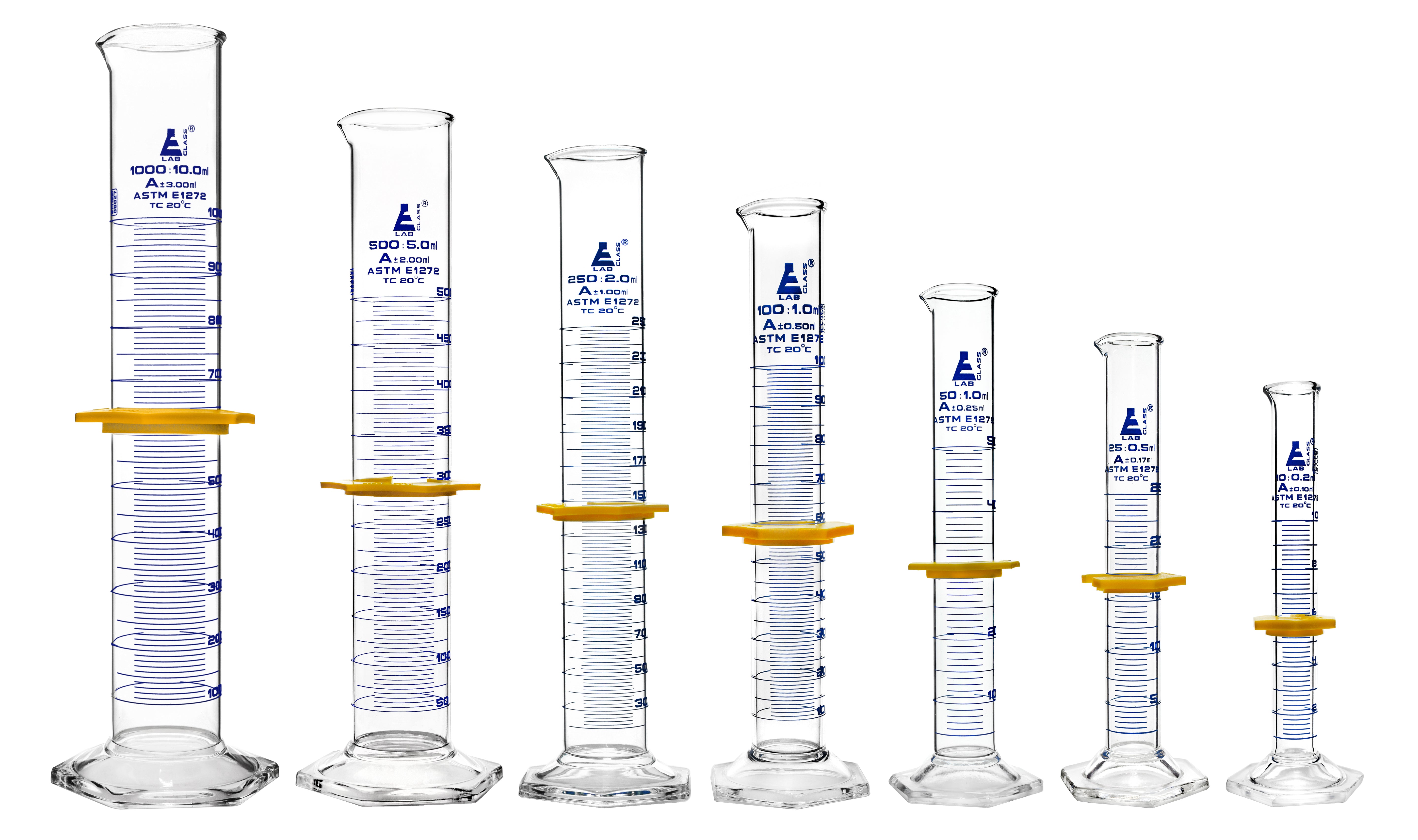 ASTM Class A 7-Piece Graduated Cylinder Set with Protective Collars and Hexagonal Base, 10-1000mL, Borosilicate 3.3 Glass
