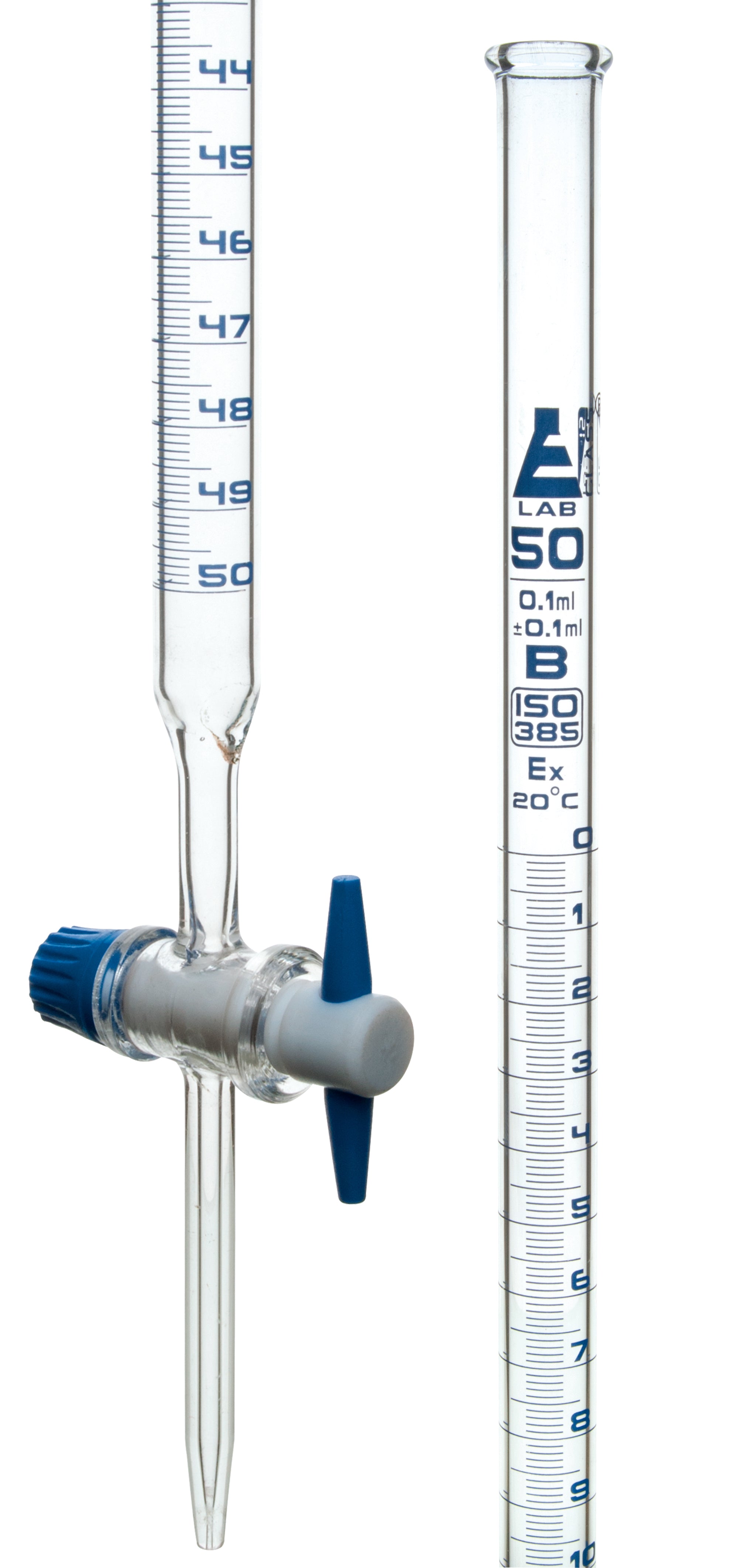 Class B Borosilicate Glass Burette with PTFE Stopcock, Blue Graduations