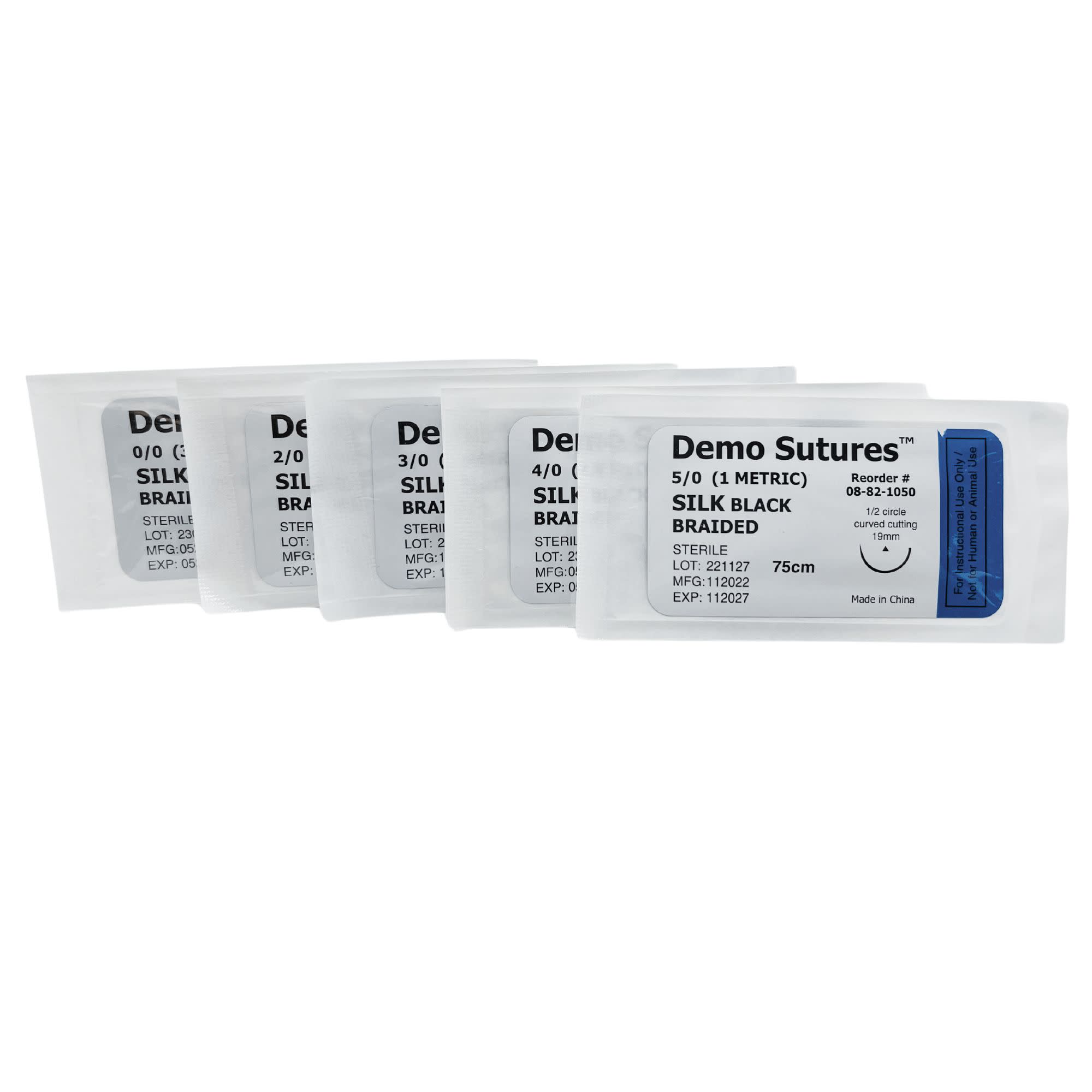 5-Piece Silk Practice Suture Set, Sizes 0/0 to 5/0, 75cm