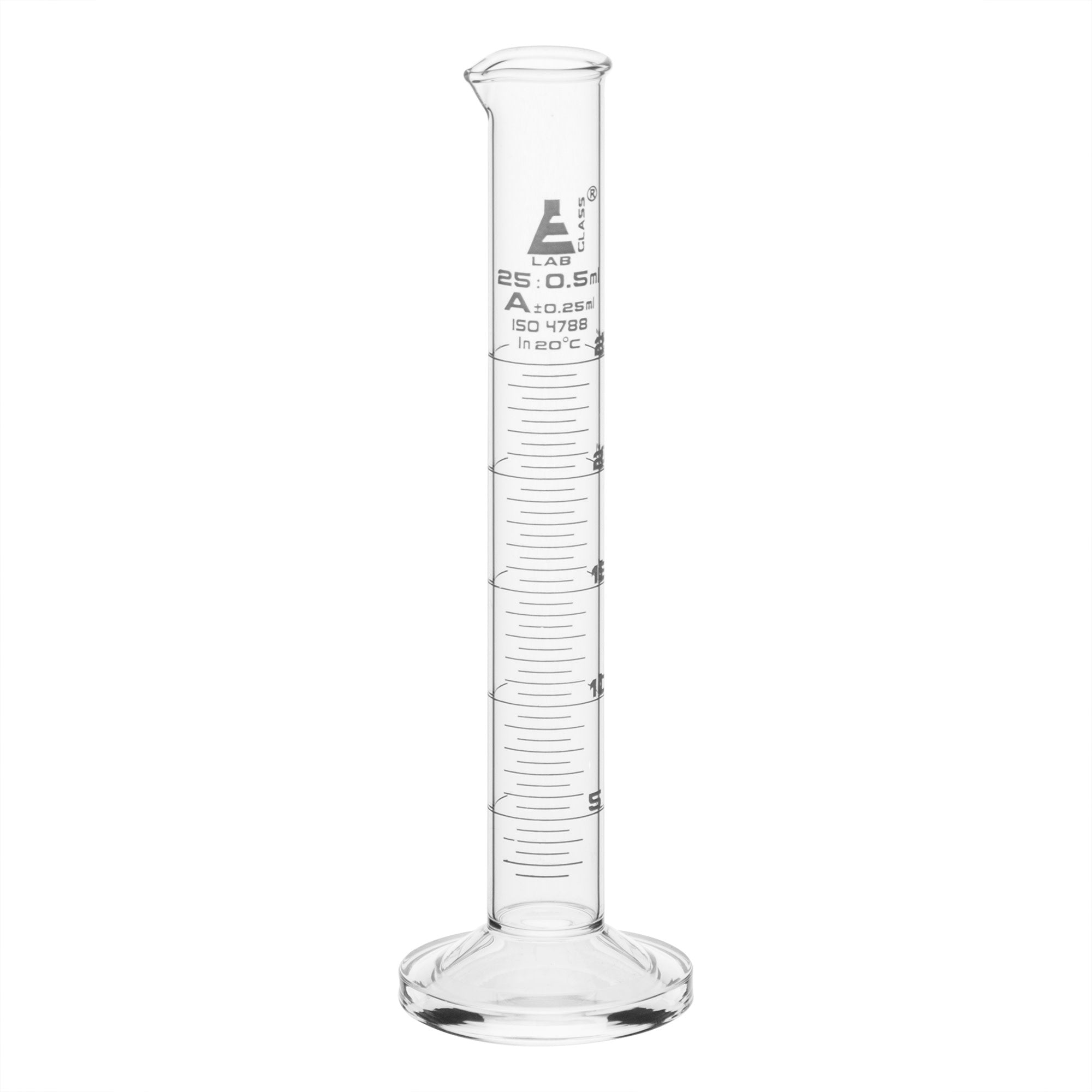 Class A Graduated Cylinder with Round Base and Spout, 25mL, White Graduations, ISO 4788, Borosilicate Glass