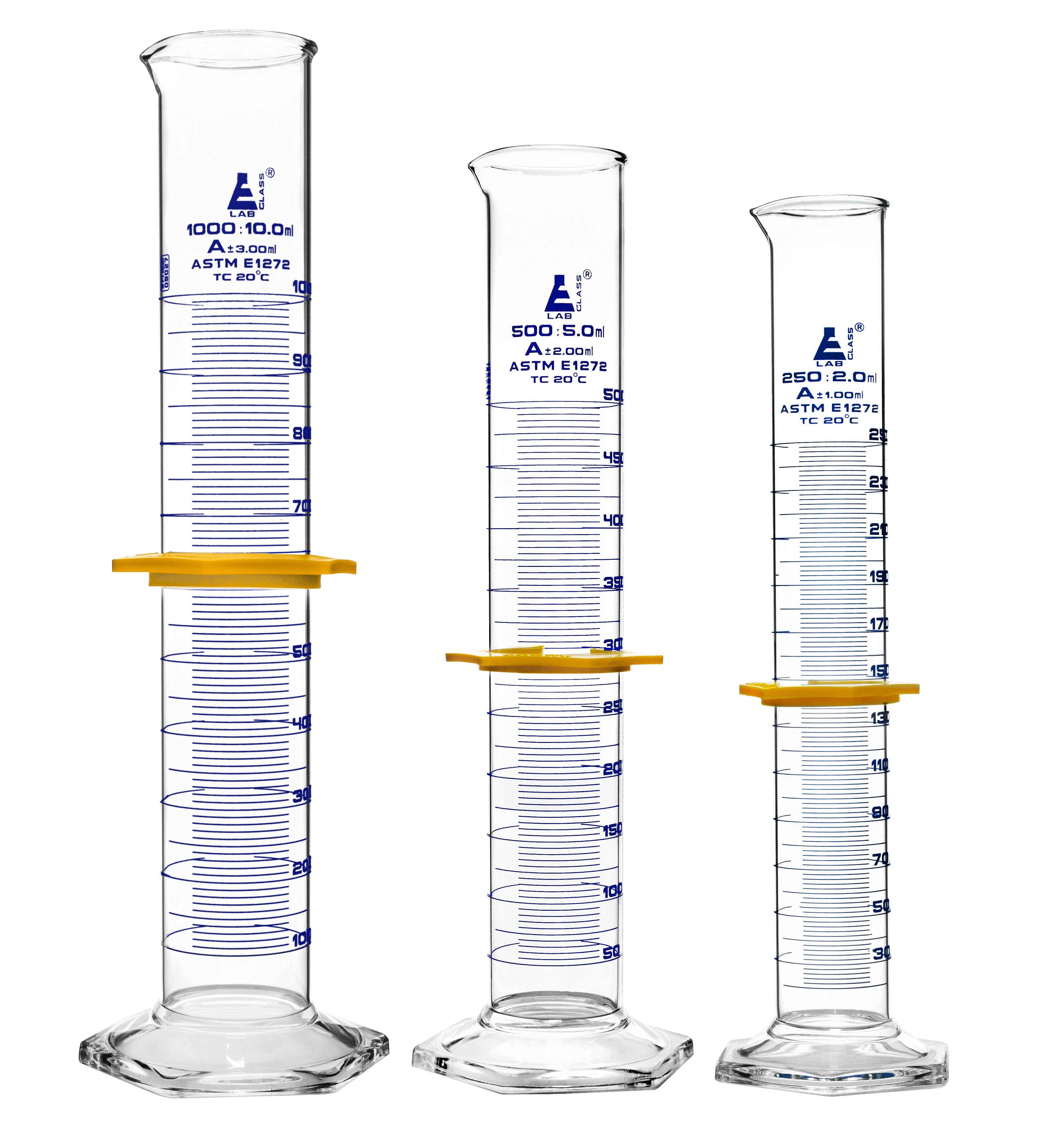 ASTM Class A 3-Piece Graduated Cylinder Set with Protective Collars and Hexagonal Base, 250-1000mL, Borosilicate 3.3 Glass
