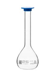 ASTM Class B Borosilicate Glass Volumetric Flask with Snap Cap, White Graduations