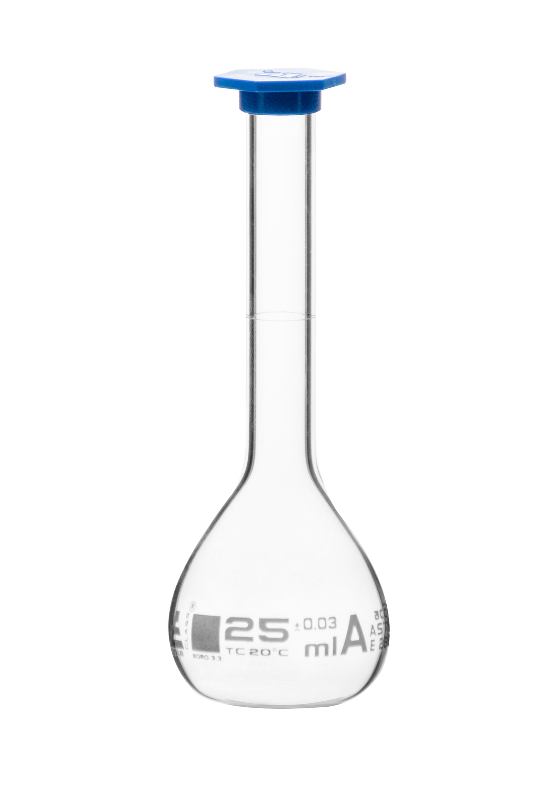 ASTM Class B Borosilicate Glass Volumetric Flask with Snap Cap, White Graduations