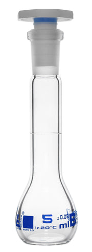 Class B Volumetric Flask with 10/19 Polyethylene Stopper, 5mL, White Graduations, Borosilicate Glass