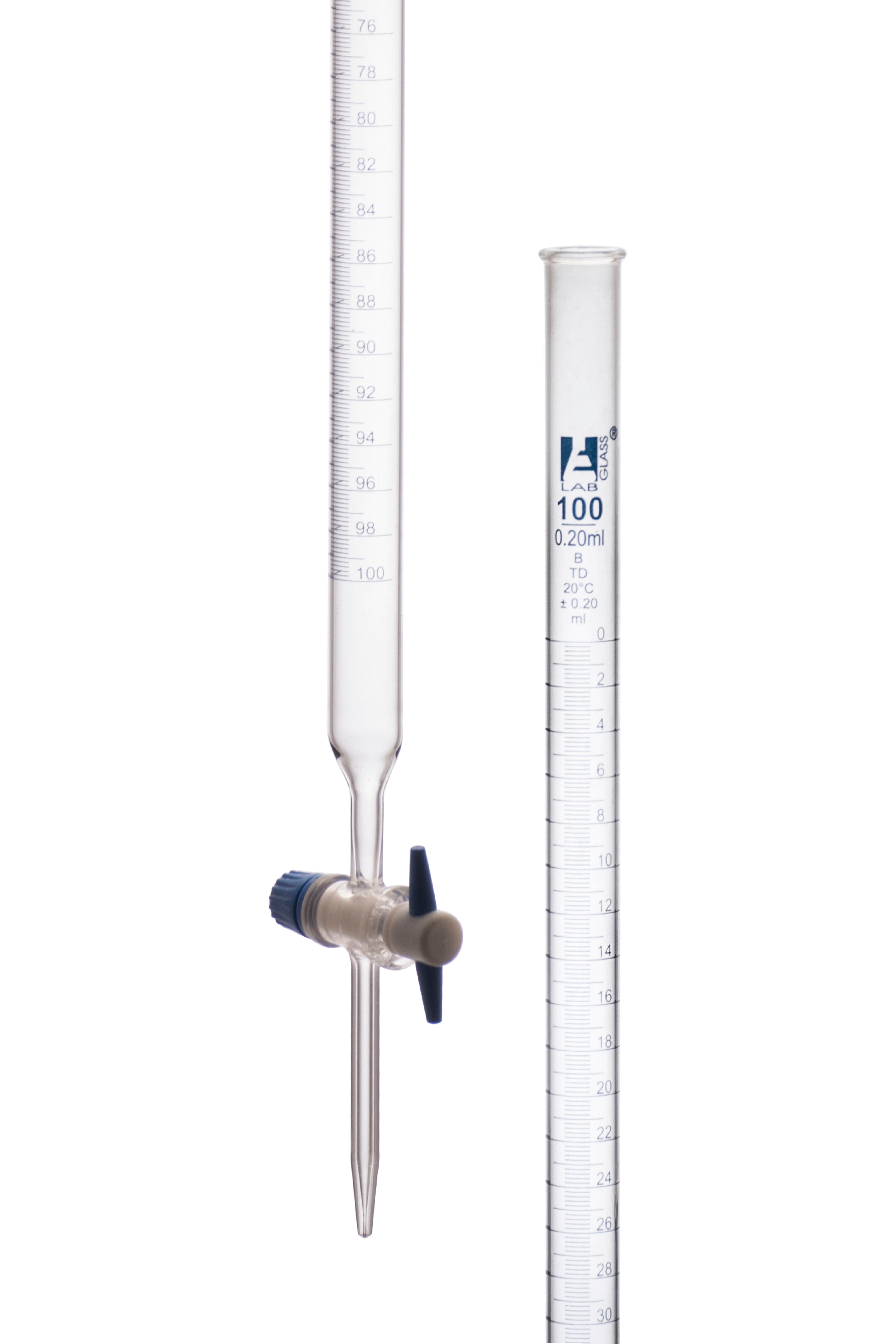 Class B Borosilicate Glass Burette with PTFE Stopcock, Blue Graduations