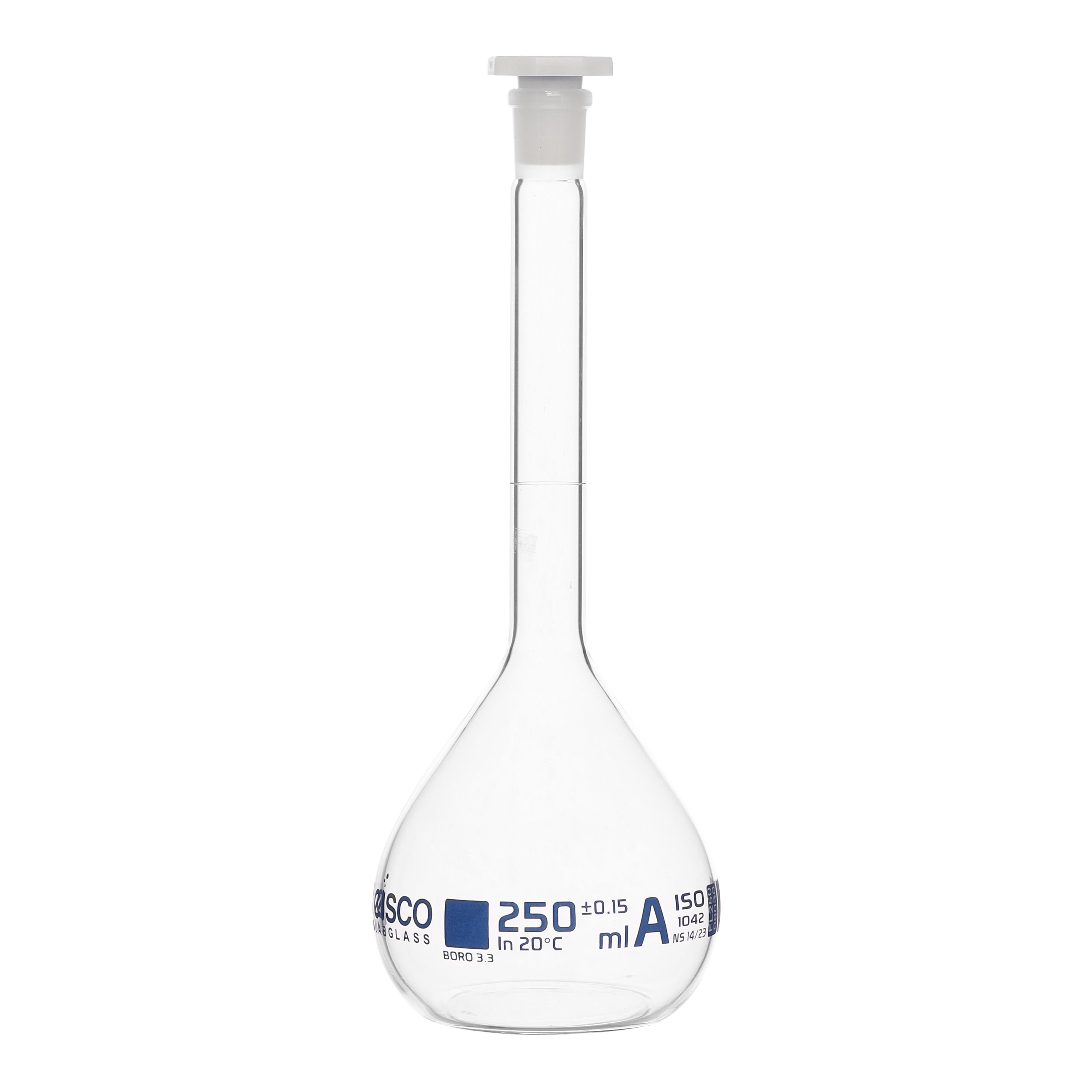 Class A Borosilicate Glass Volumetric Flask with Polyethylene Stopper, QR Certificate