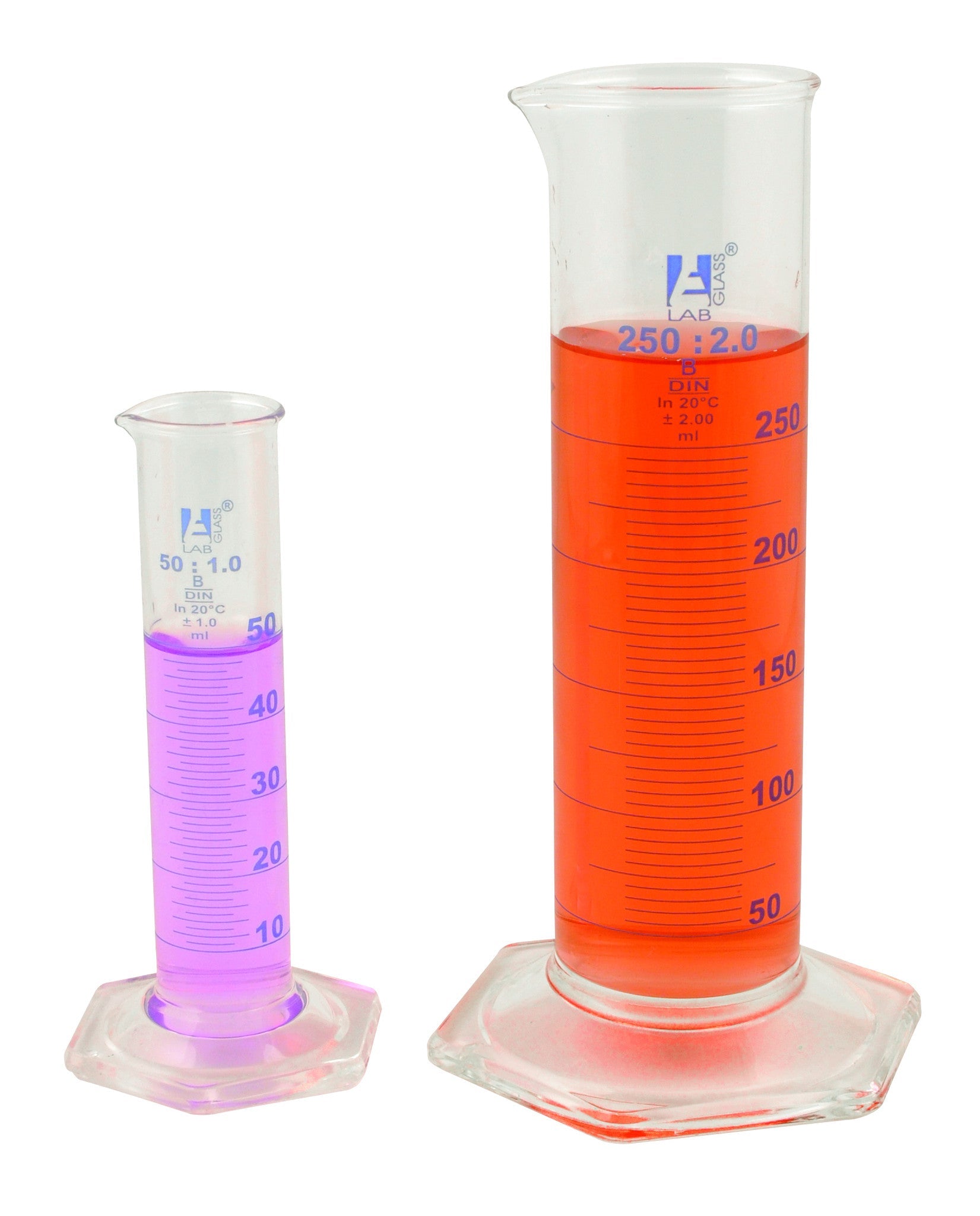 Class B Squat Form Borosilicate Glass Graduated Cylinder with Blue Graduations