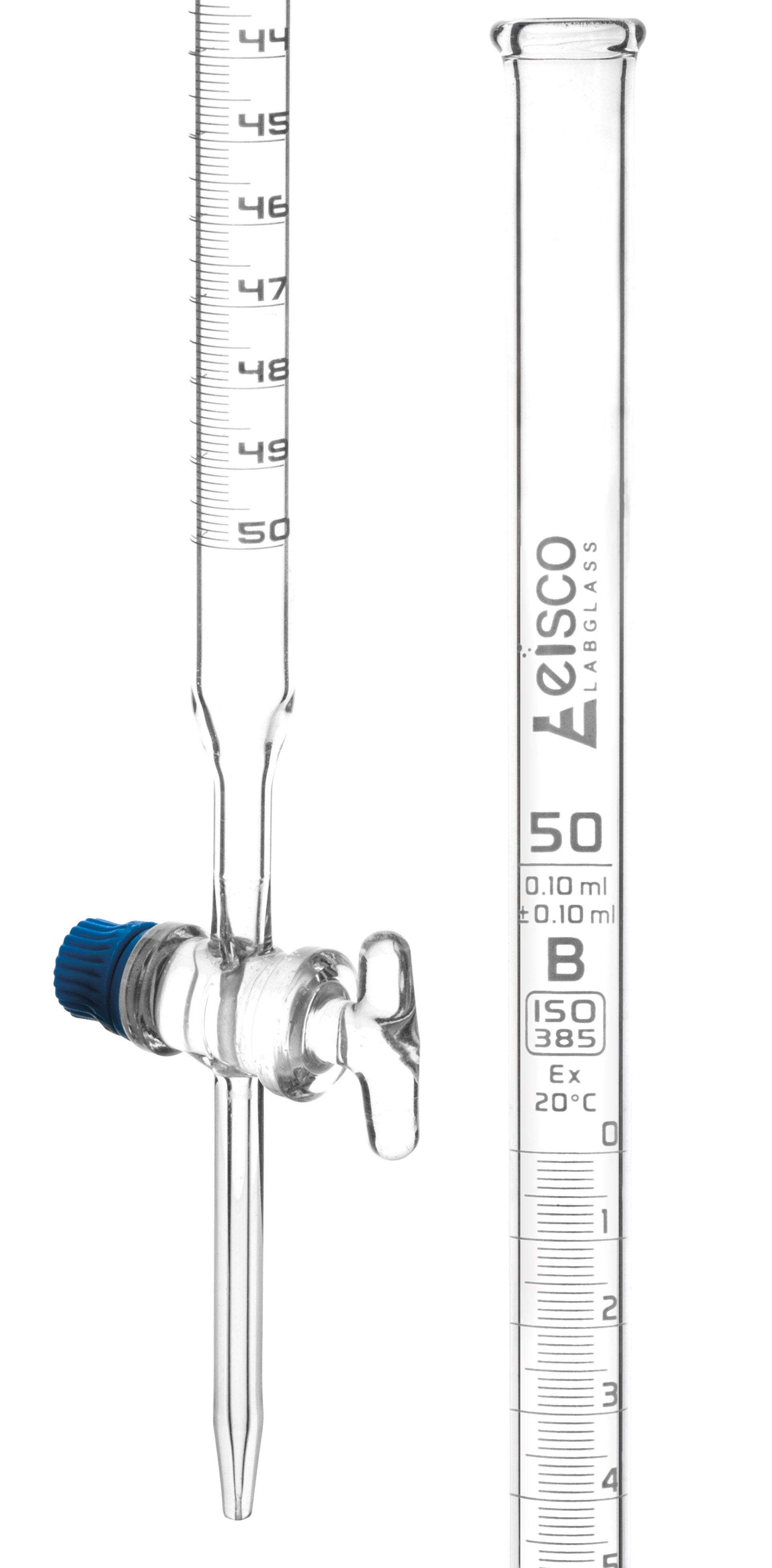 Class B Borosilicate Glass Burette with Glass Key Stopcock, White Graduations