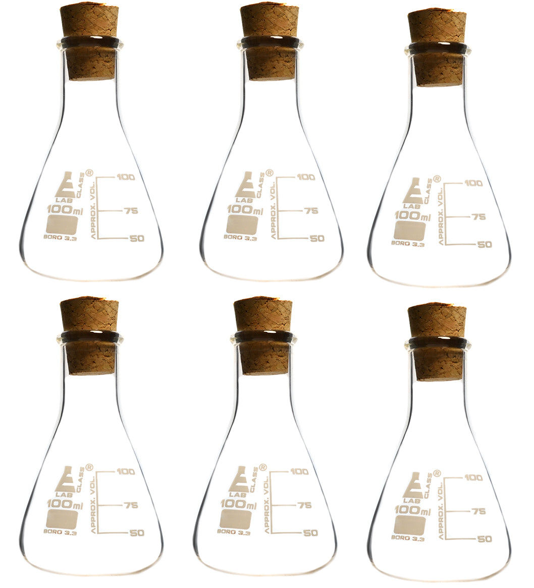 6-Pack Erlenmeyer Flasks with Cork Stoppers, 100mL, Borosilicate Glass