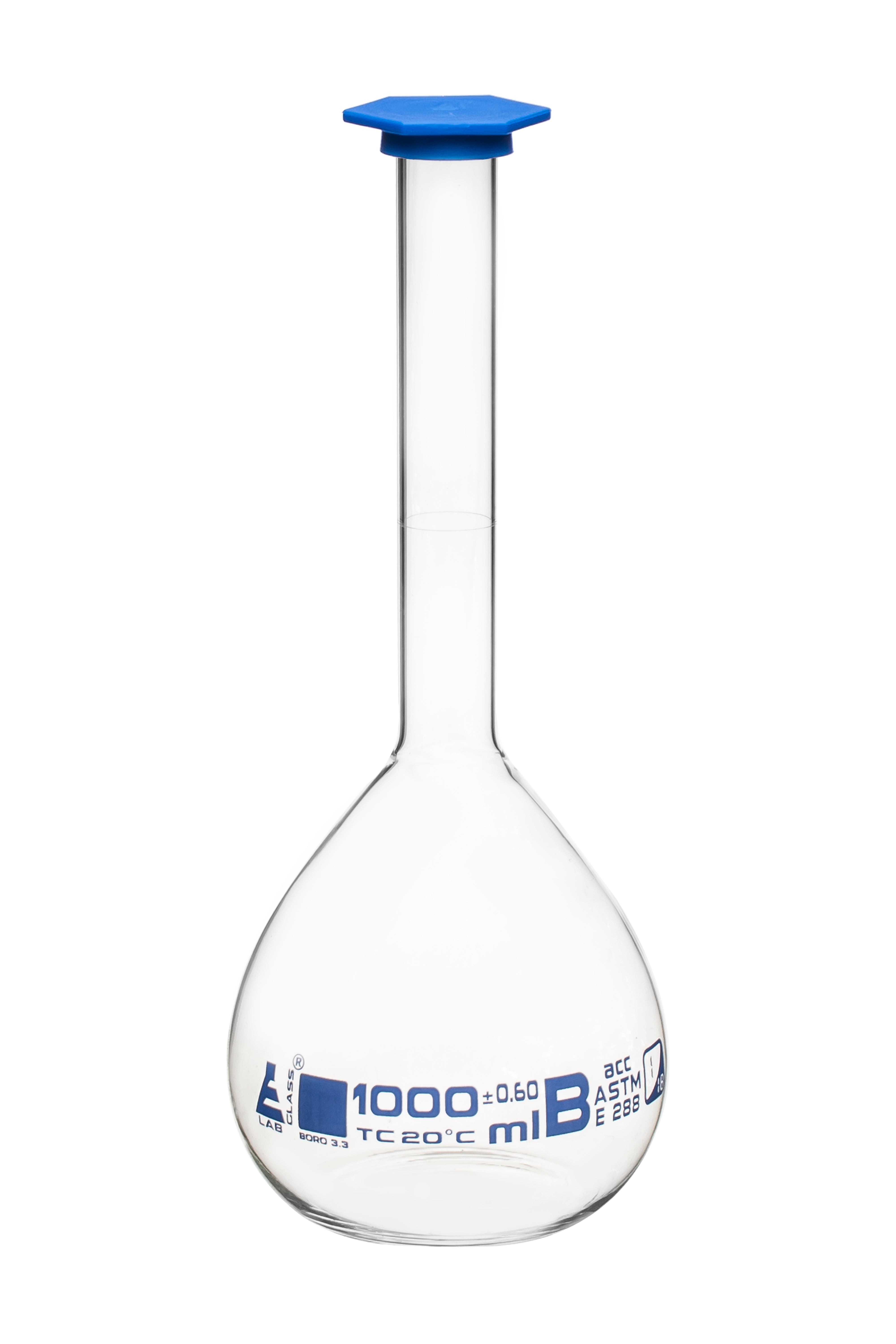 ASTM Class B Borosilicate Glass Volumetric Flask with Snap Cap, Blue Graduations