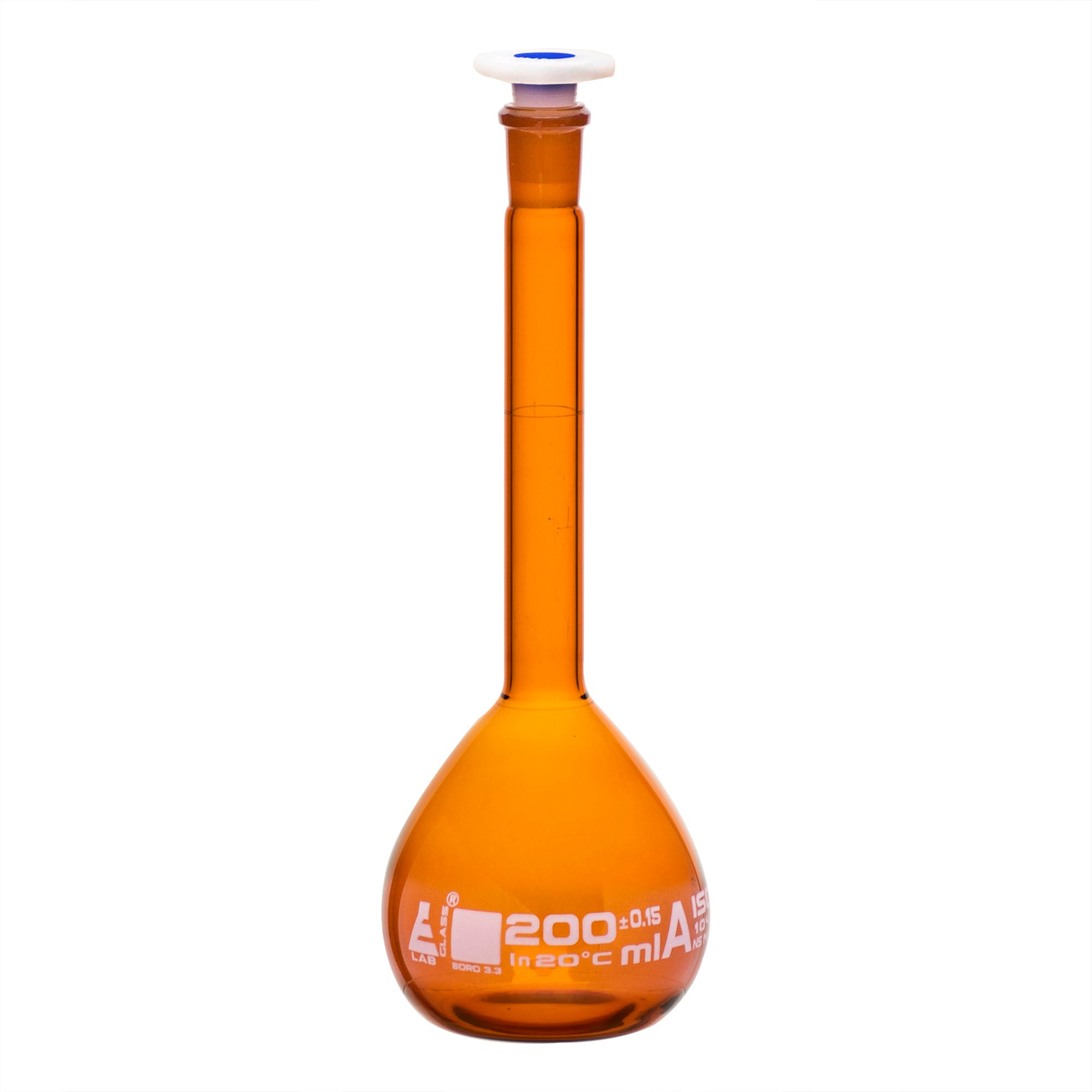 Class A Amber Borosilicate Glass Volumetric Flask with Polypropylene Stopper, White Graduations