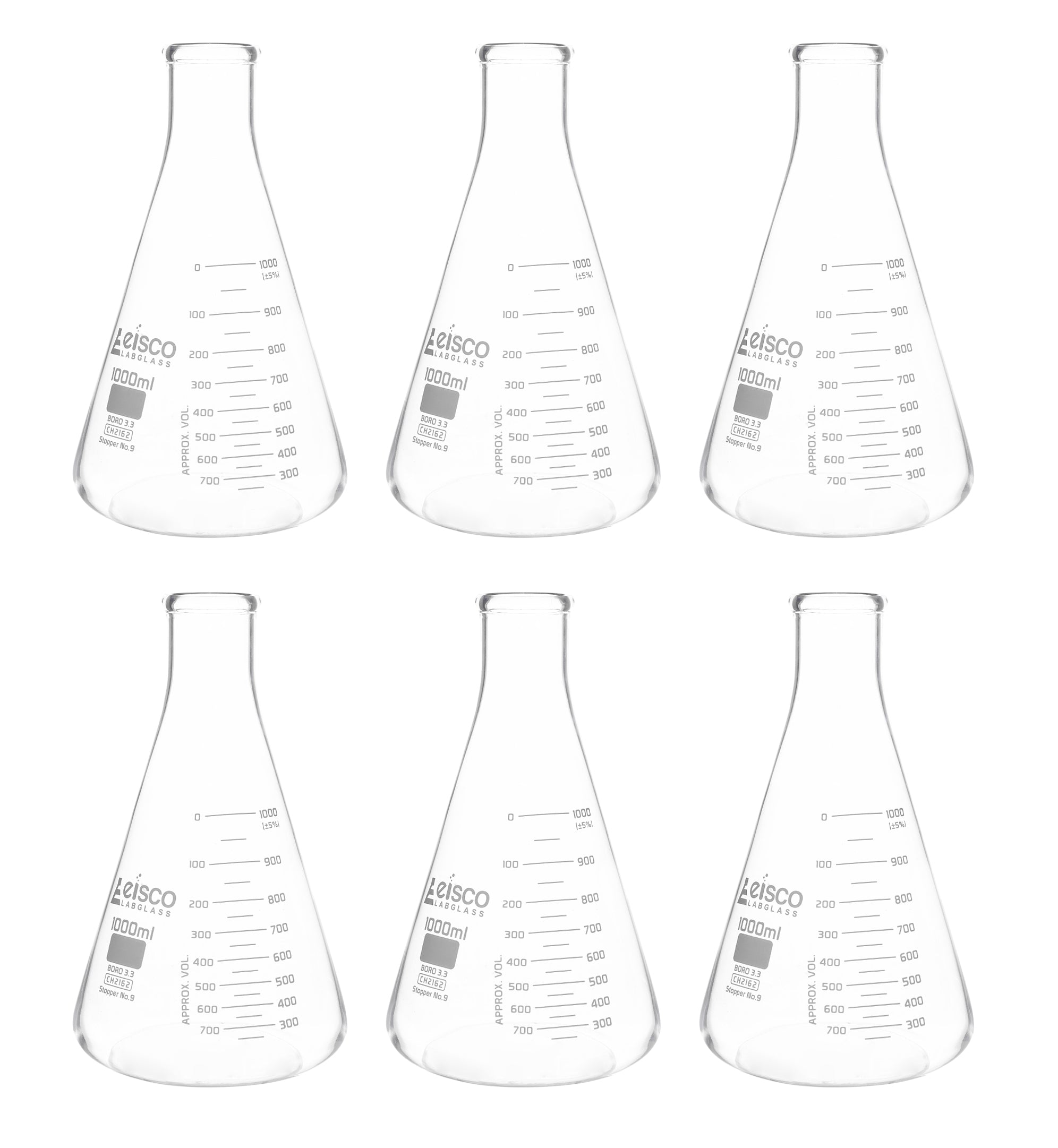 ASTM Narrow Neck Borosilicate Glass Erlenmeyer Flask with Dual Scale, 6-Pack