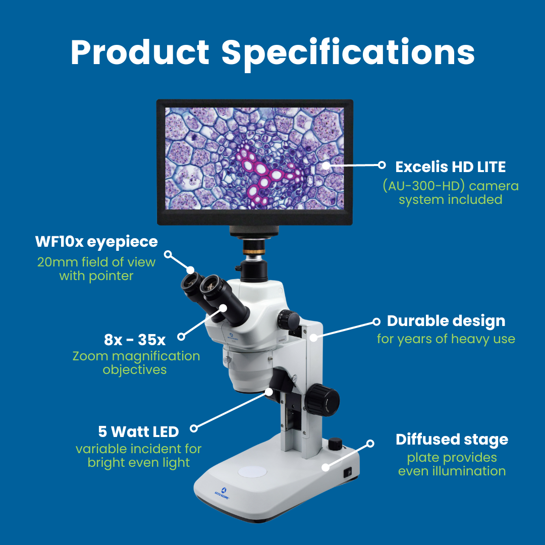 Digital Stereo Microscope, 3079-HDS, 8-35X with 1080p Camera and 11.6" LCD