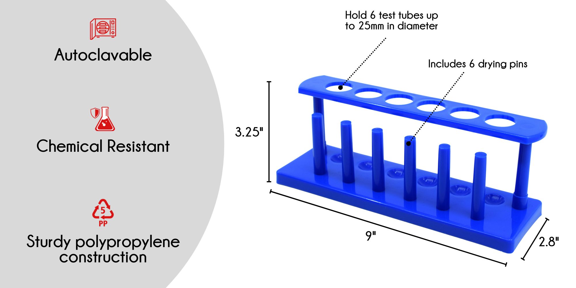 Polypropylene Test Tube Rack for 6 Tubes (25mm)