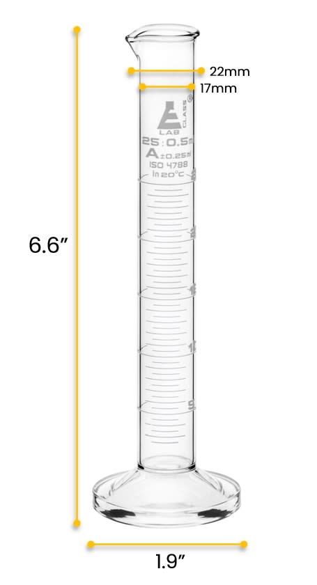 Class A Graduated Cylinder with Round Base and Spout, 25mL, White Graduations, ISO 4788, Borosilicate Glass