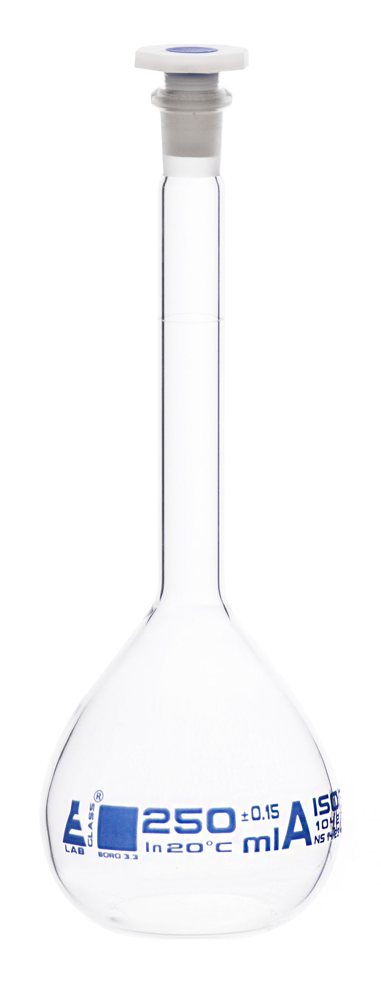 Volumetric Flask, 250mL - Class A - Polypropylene Stopper - Blue Demarcation Line - Individual Work Certificate - Borosilicate Glass