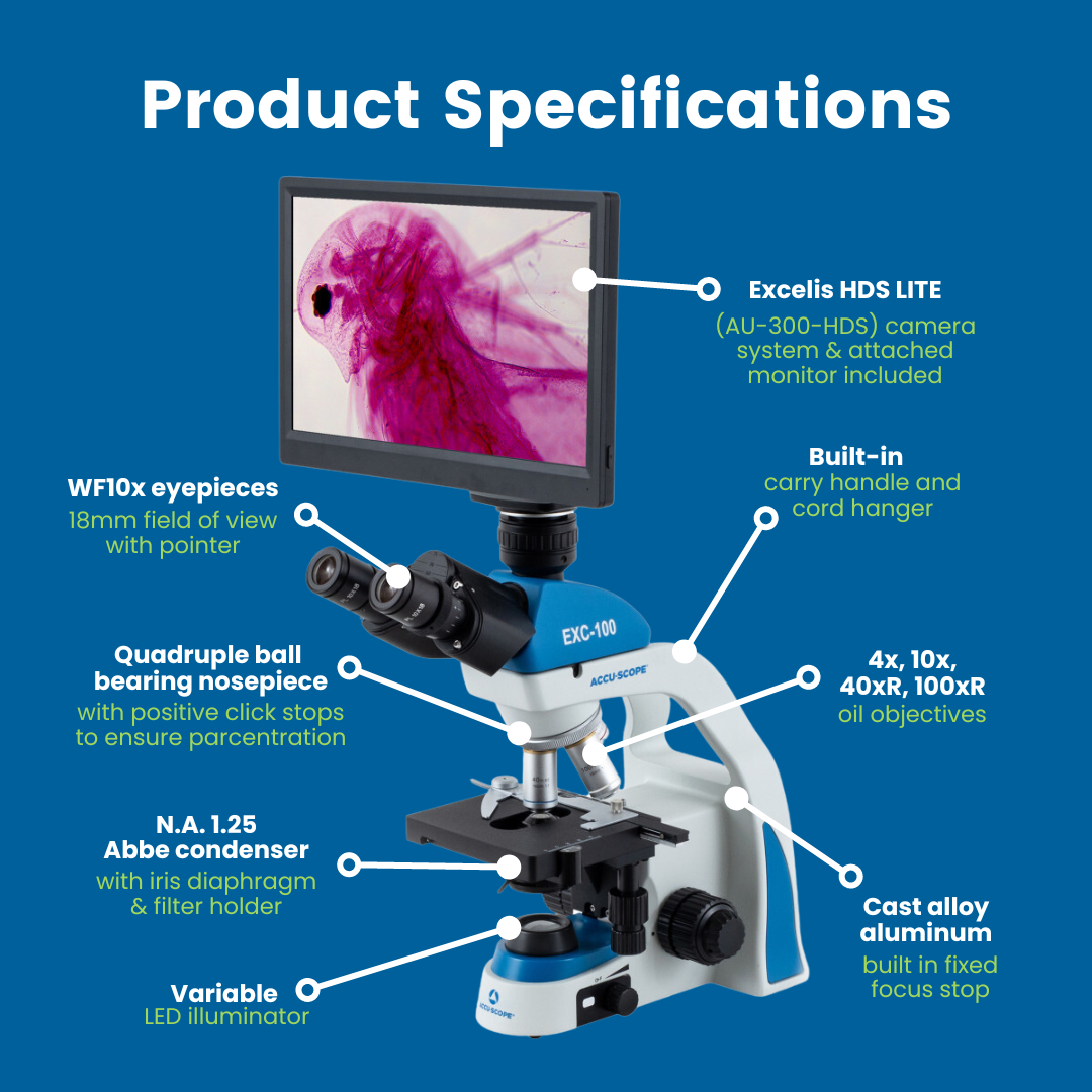 Accu-Scope Digital Compound Microscope with HD Camera and 11.6" LCD, EXC-103-HDS, 40-1000X