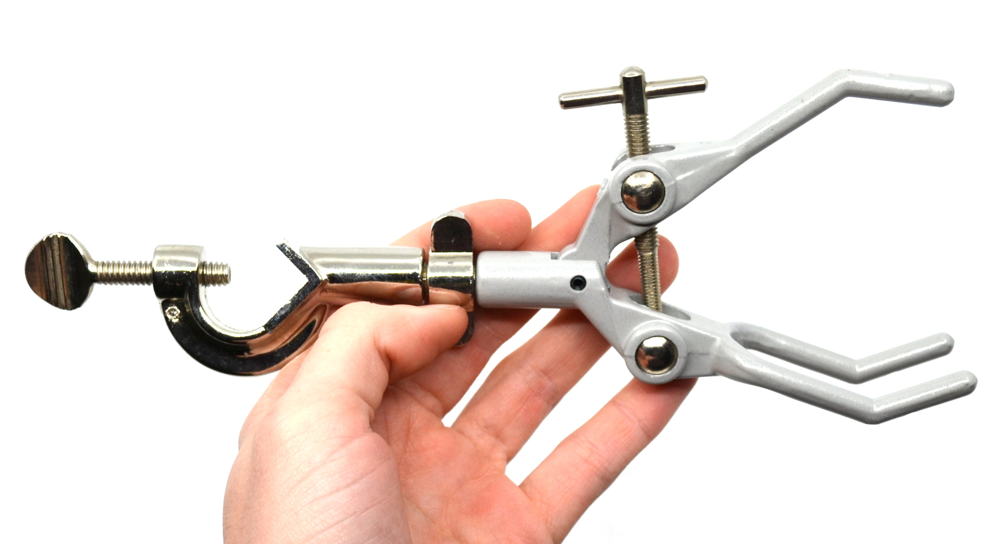 3-Prong Double-Adjustable Universal Retort Clamp with Boss Head, 9", 3.5" Max