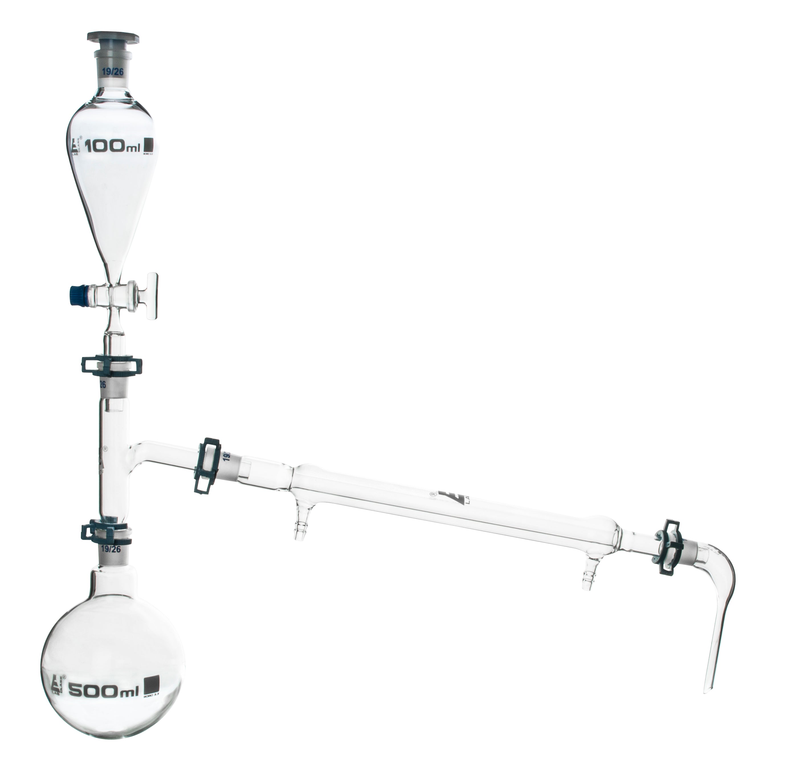 Distilling Apparatus with 500mL Flask, 300mm Condenser, Still Head and Separatory Funnel, 19/26 Joints, Borosilicate Glass