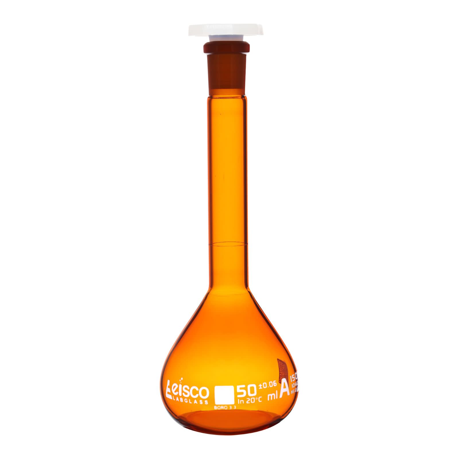 Class A Amber Borosilicate Glass Volumetric Flask with Polyethylene Stopper, QR Certificate
