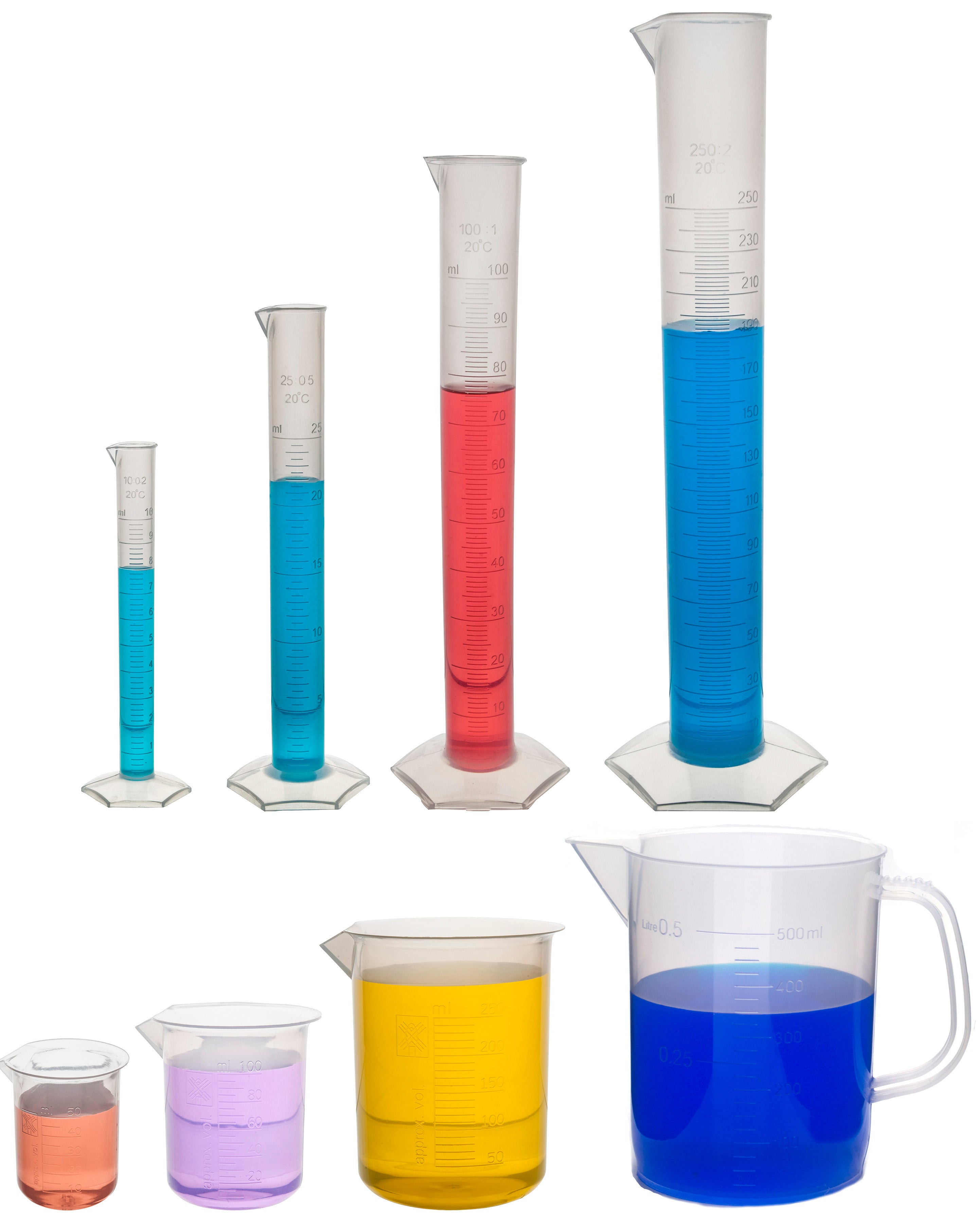 8-Piece Polypropylene Measuring Volume Set with 3 Beakers, 4 Cylinders and 1 Pitcher