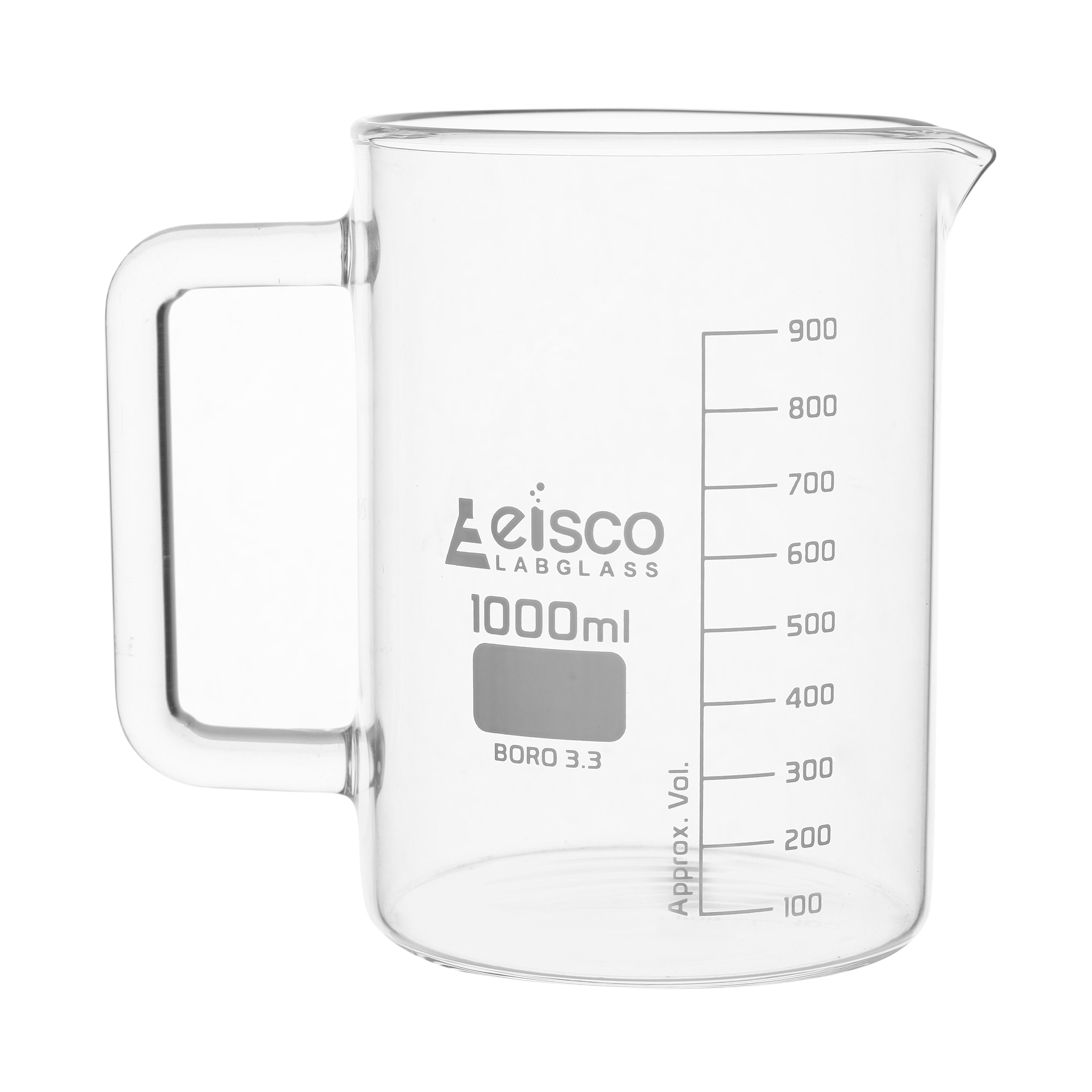Tall Form Borosilicate Glass Beaker Mug with Integral Handle, 1000mL