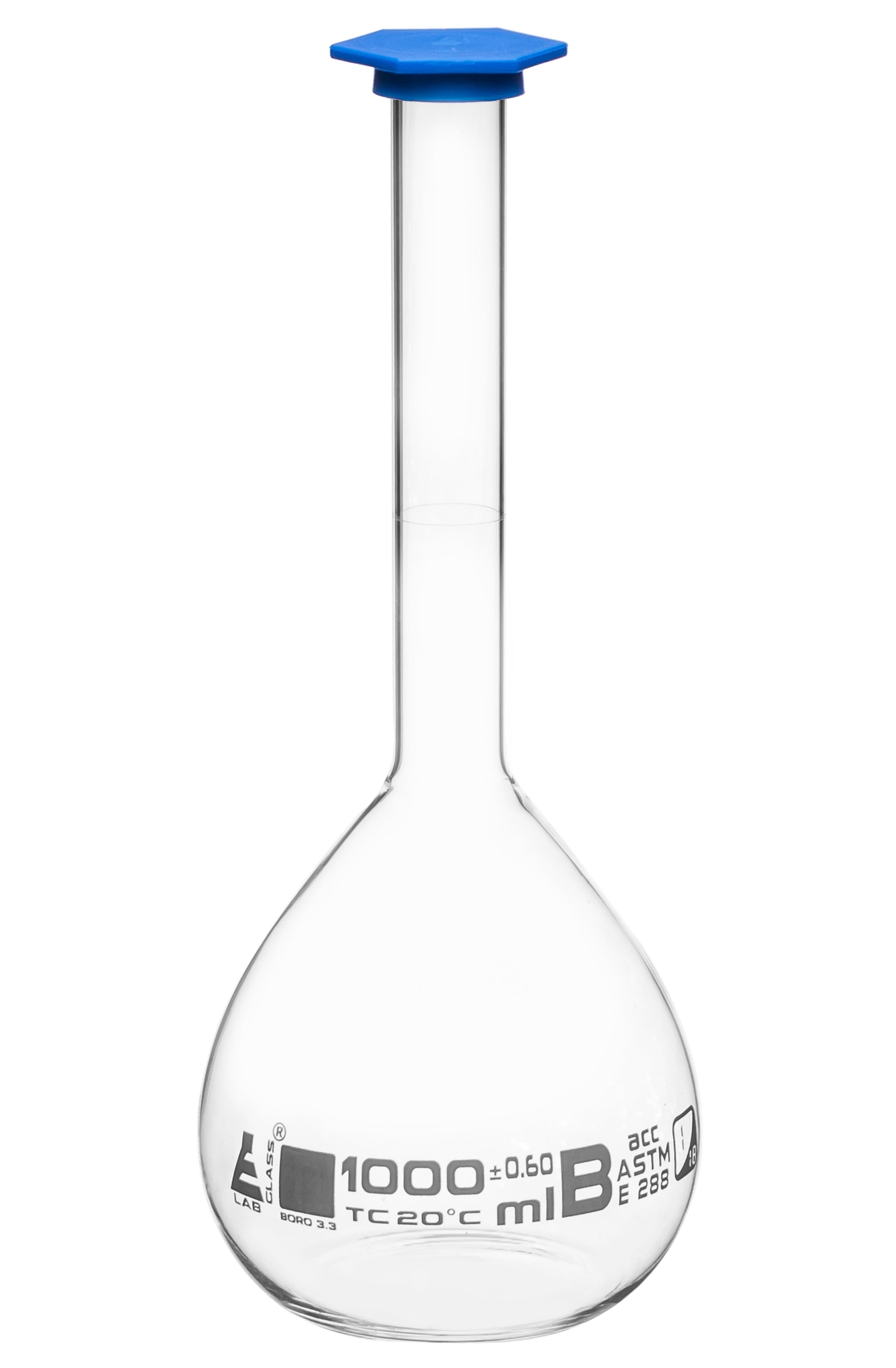 ASTM Class B Borosilicate Glass Volumetric Flask with Snap Cap, White Graduations